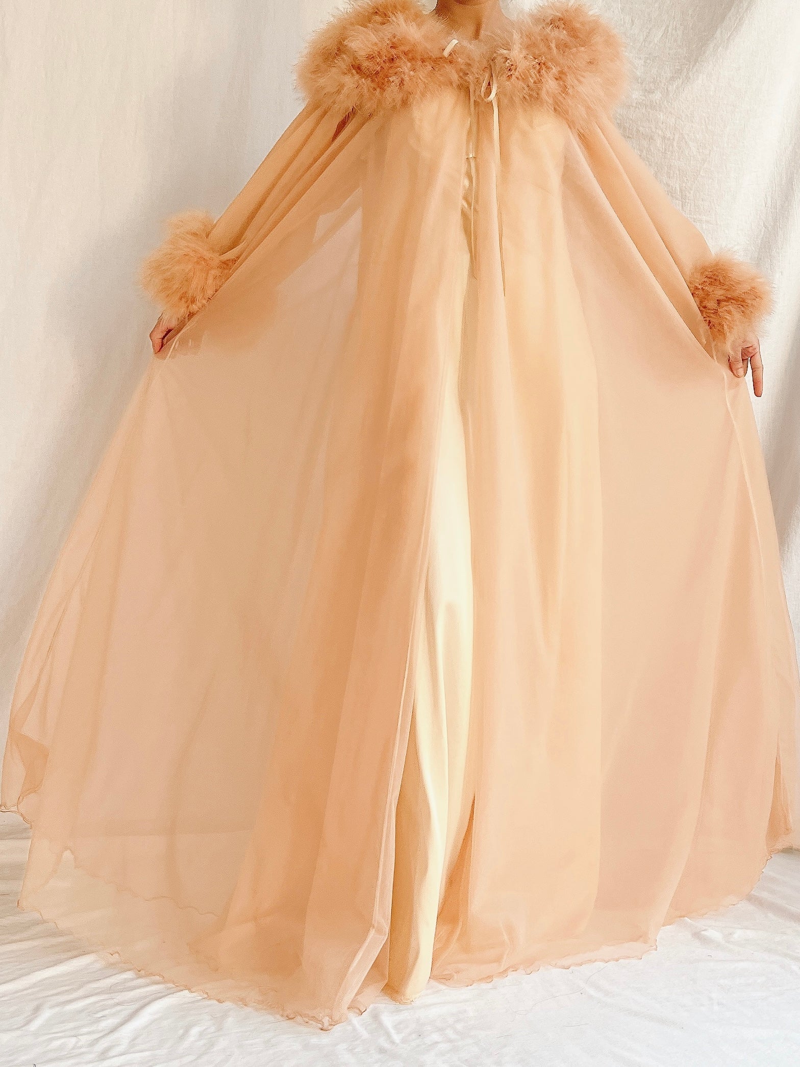 1960s Dark Apricot Nylon Marabou Duster - S/M