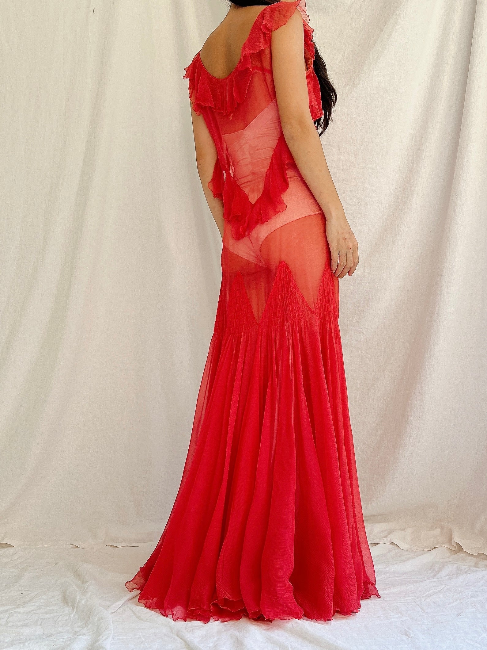 1930s Rose Red Sheer Silk Gown - XS