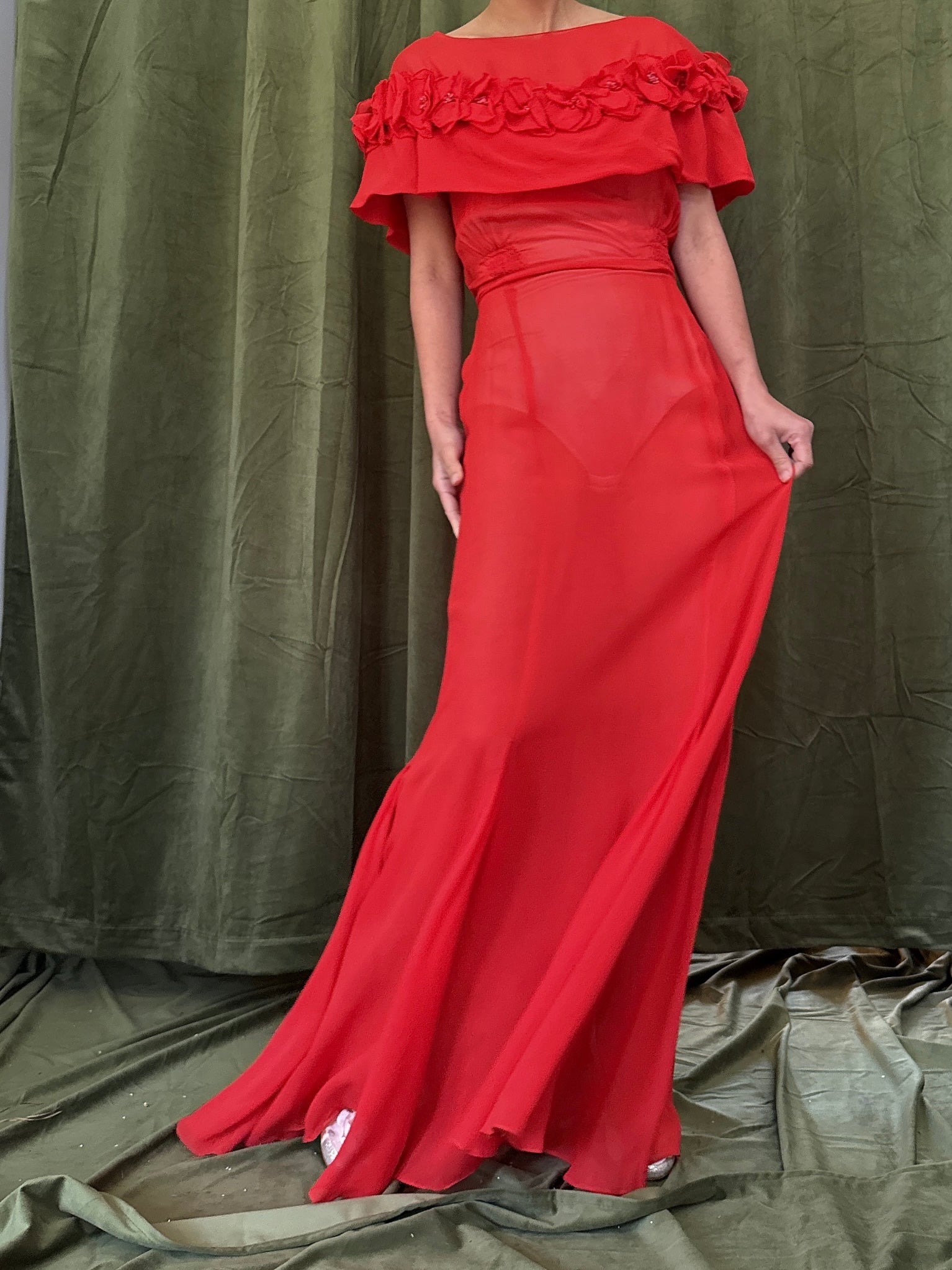1930s Silk Chiffon Poppy Dress - S