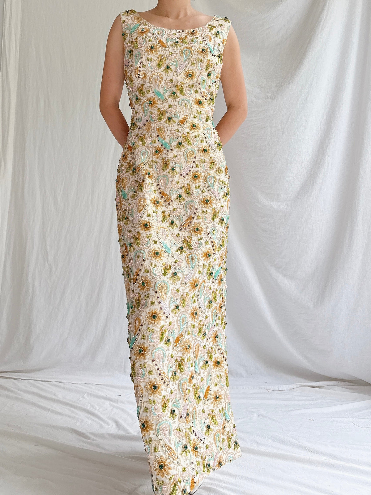 1960s Beaded Brocade Column Gown - M