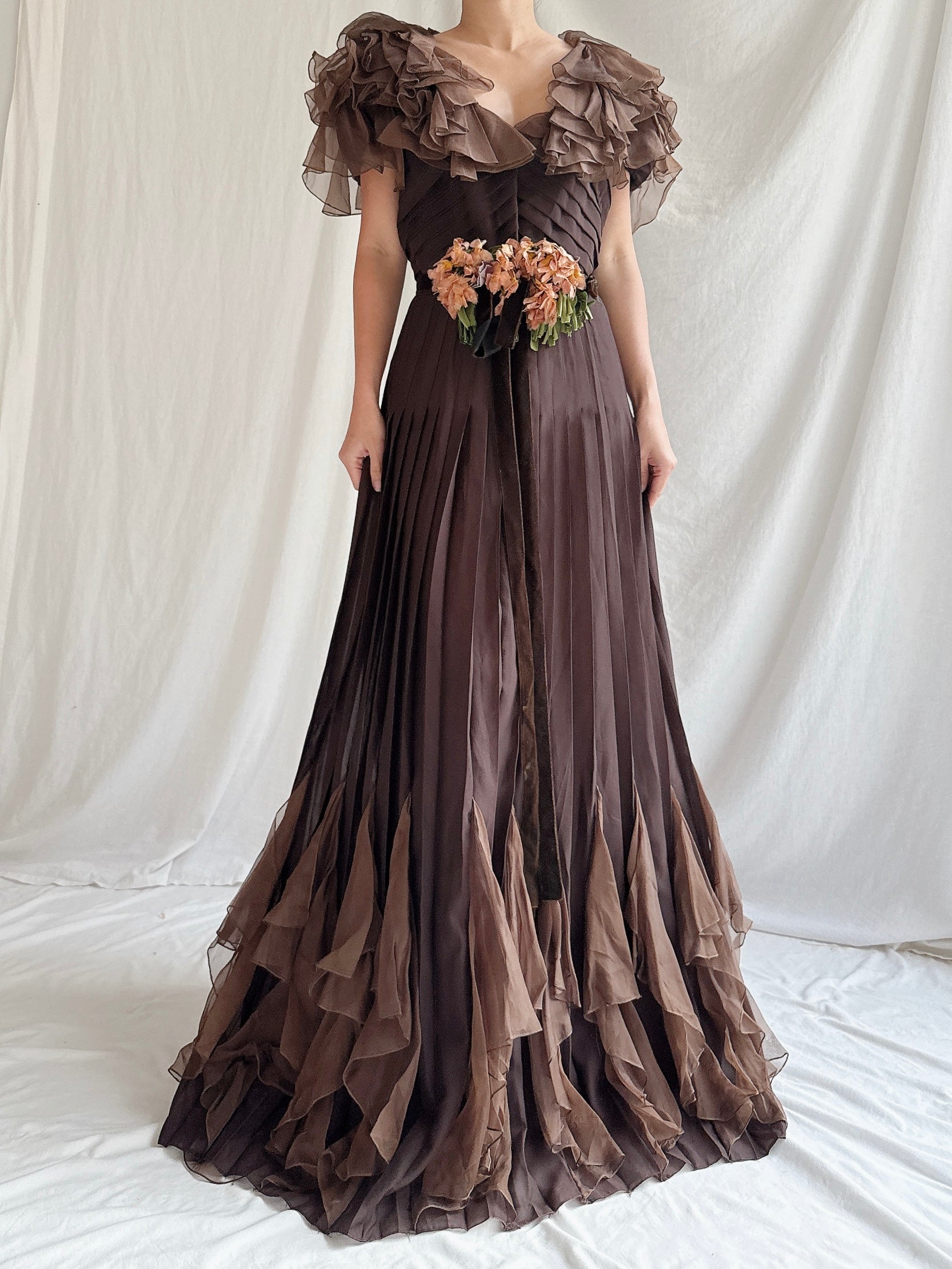 1930s Silk Chiffon and Organza Gown - S
