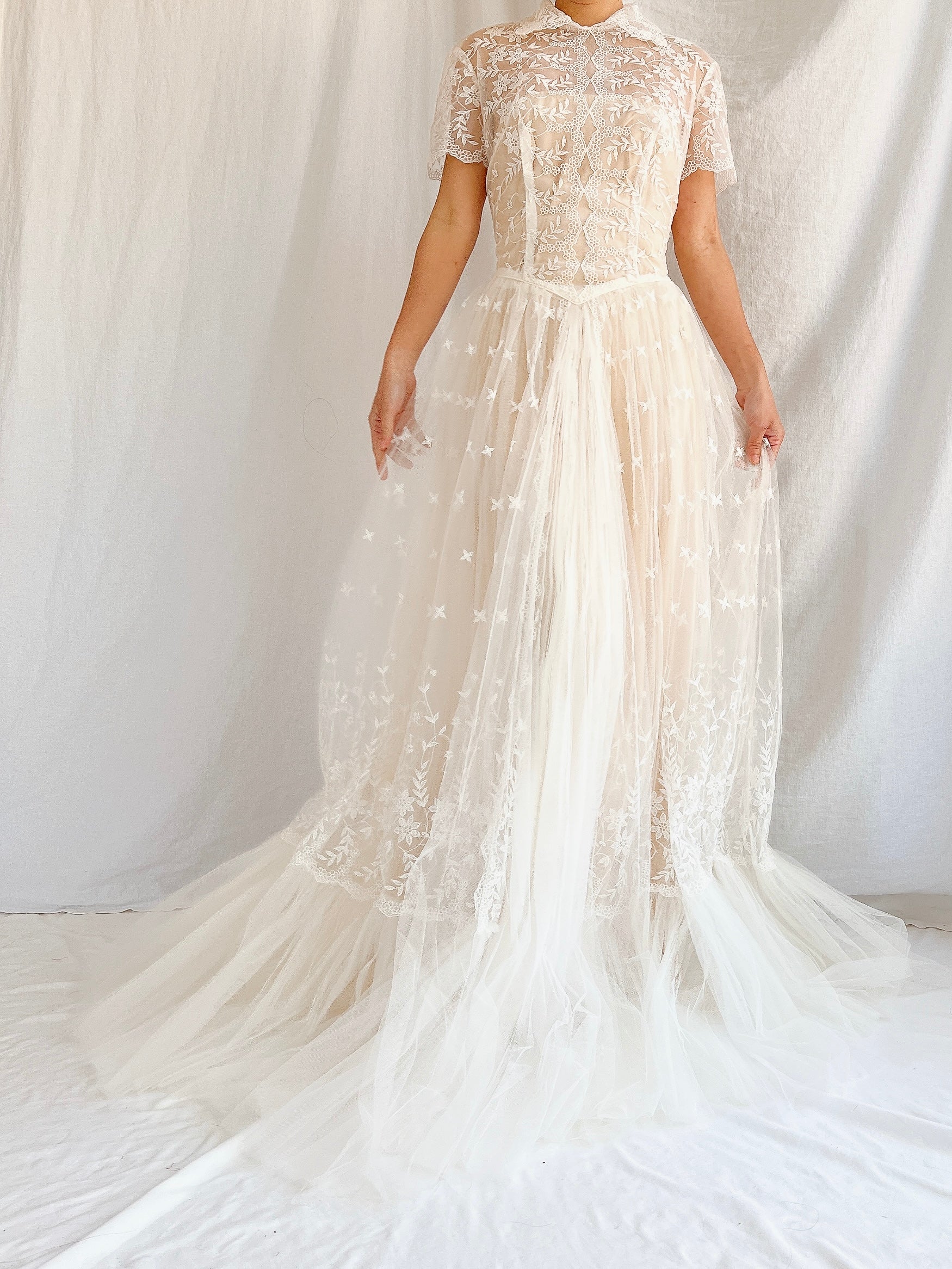 1950s Sheer Embroidered Tulle Gown - S