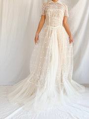 1950s Sheer Embroidered Tulle Gown - S