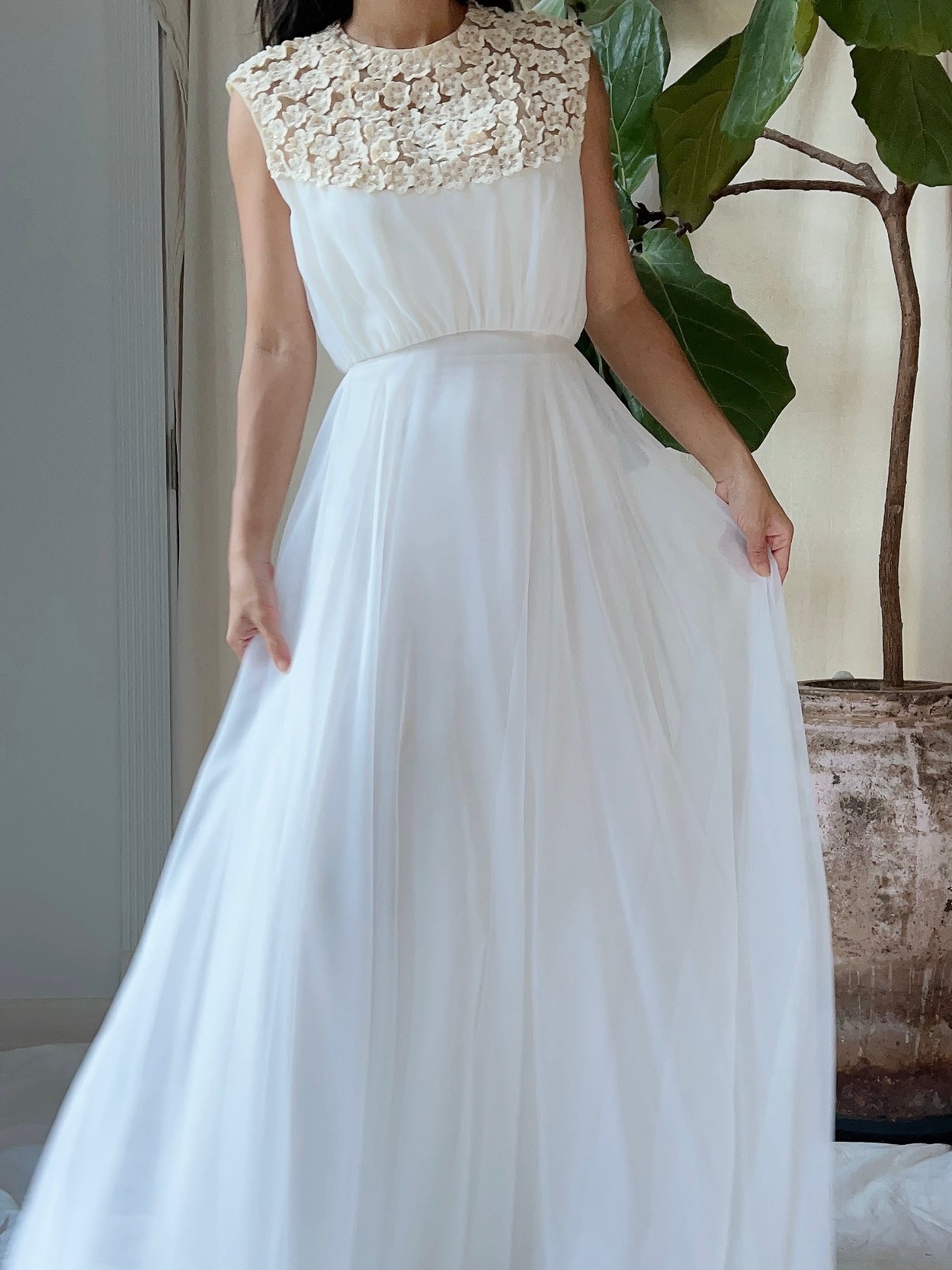 1960s Flower Applique Chiffon Dress - S