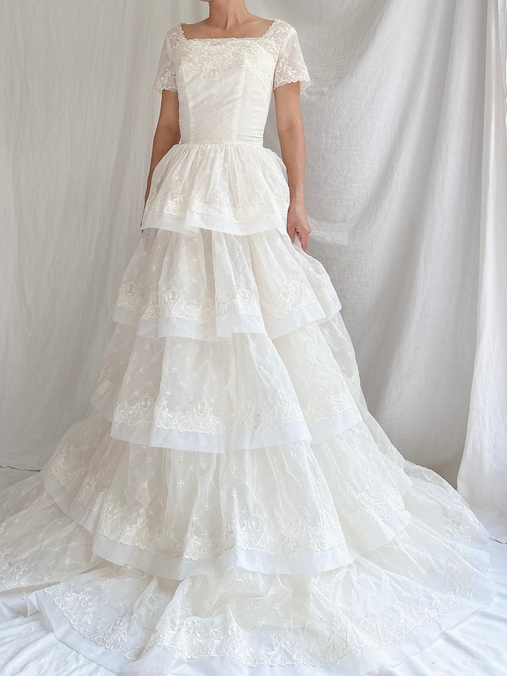 1950s Voile Embroidered Tiered Gown - XS