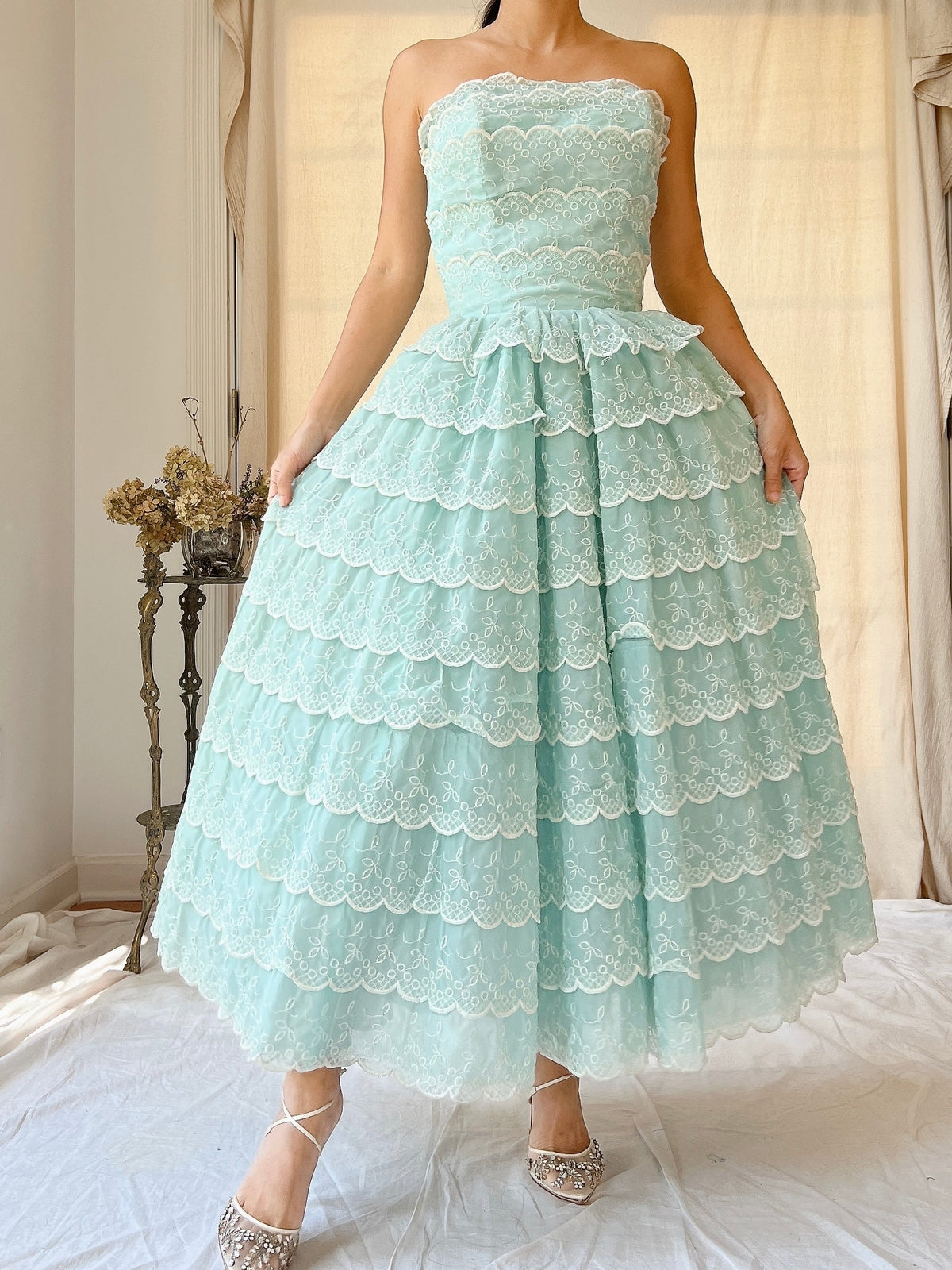 1950s Scalloped Voile Embroidered Dress - XS