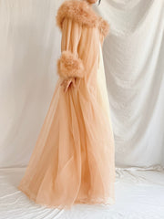 1960s Dark Apricot Nylon Marabou Duster - S/M