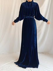1930s Sapphire Silk Velvet Gown - M