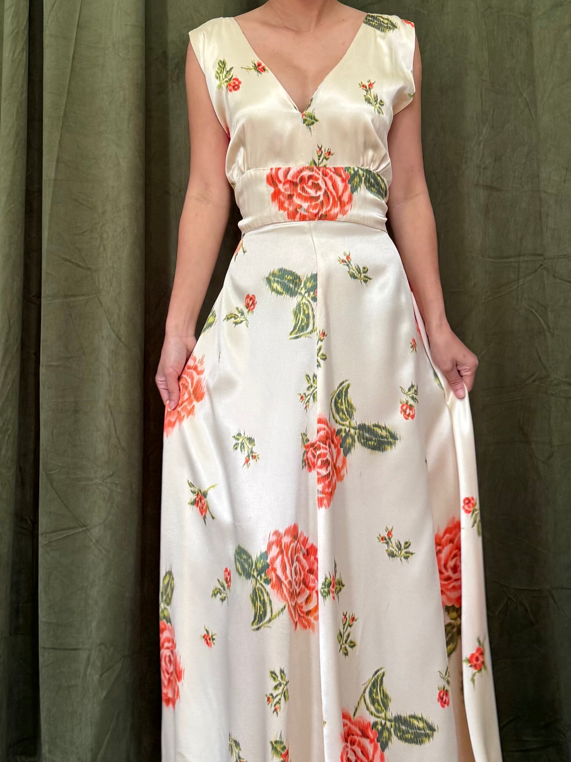1940s Satin Floral Dress - S/M
