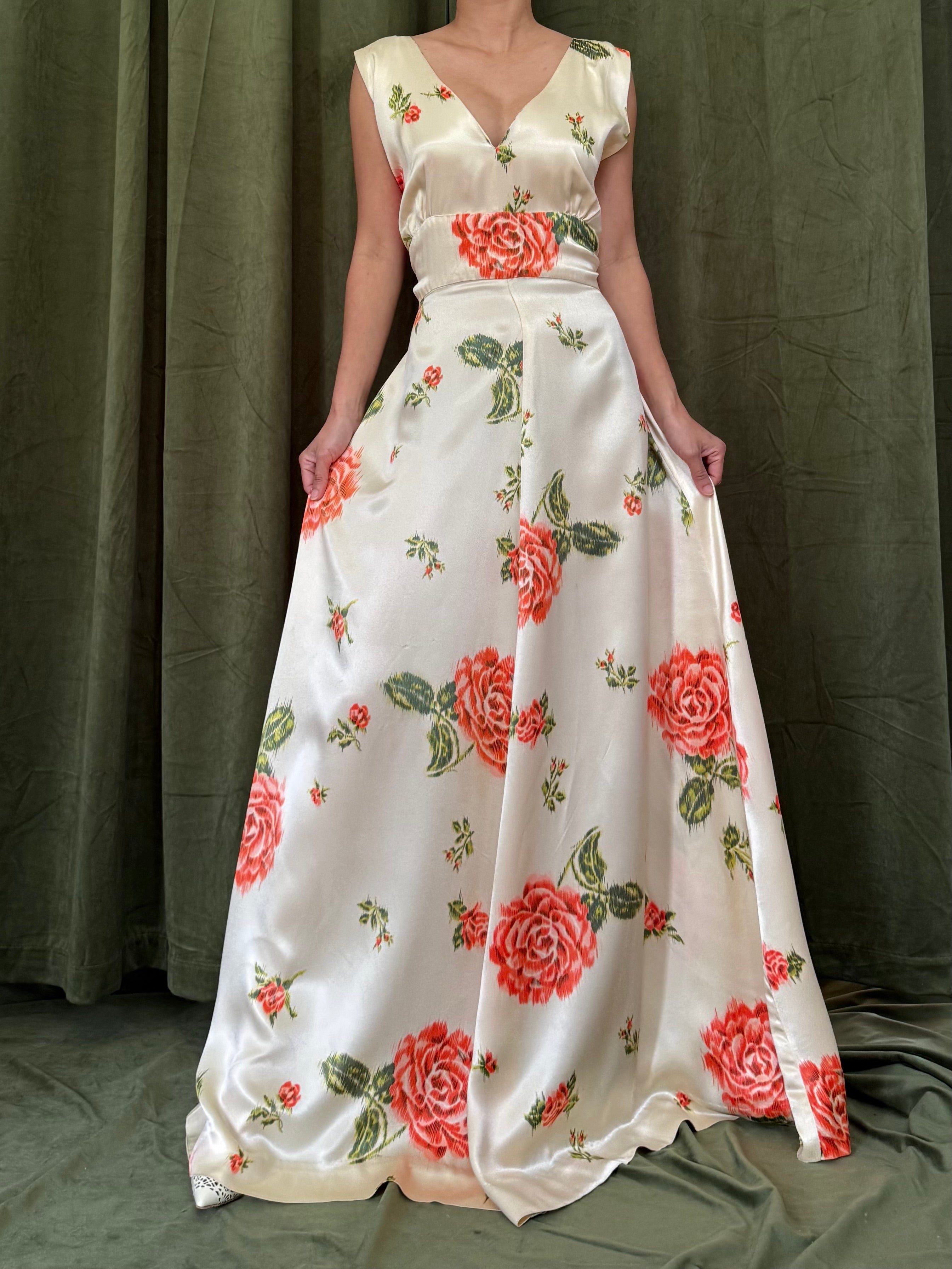 1940s Satin Floral Dress - S/M