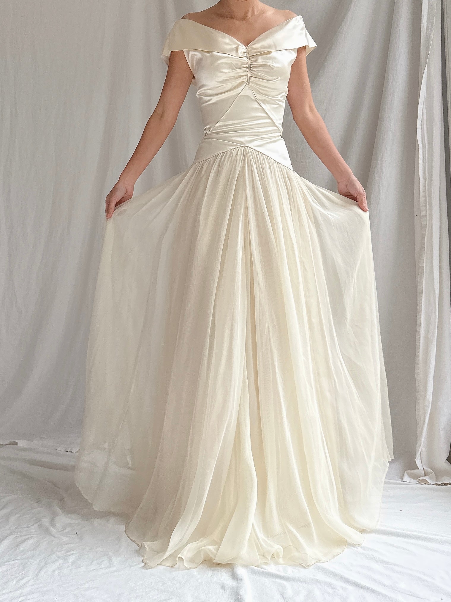1940s Satin and Net Chiffon Dress - S
