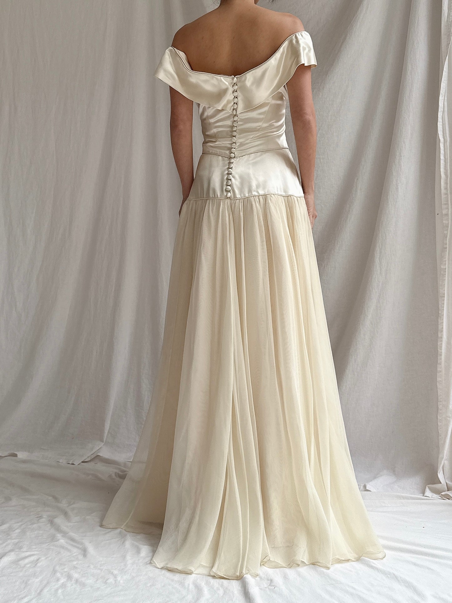 1940s Satin and Net Chiffon Dress - S
