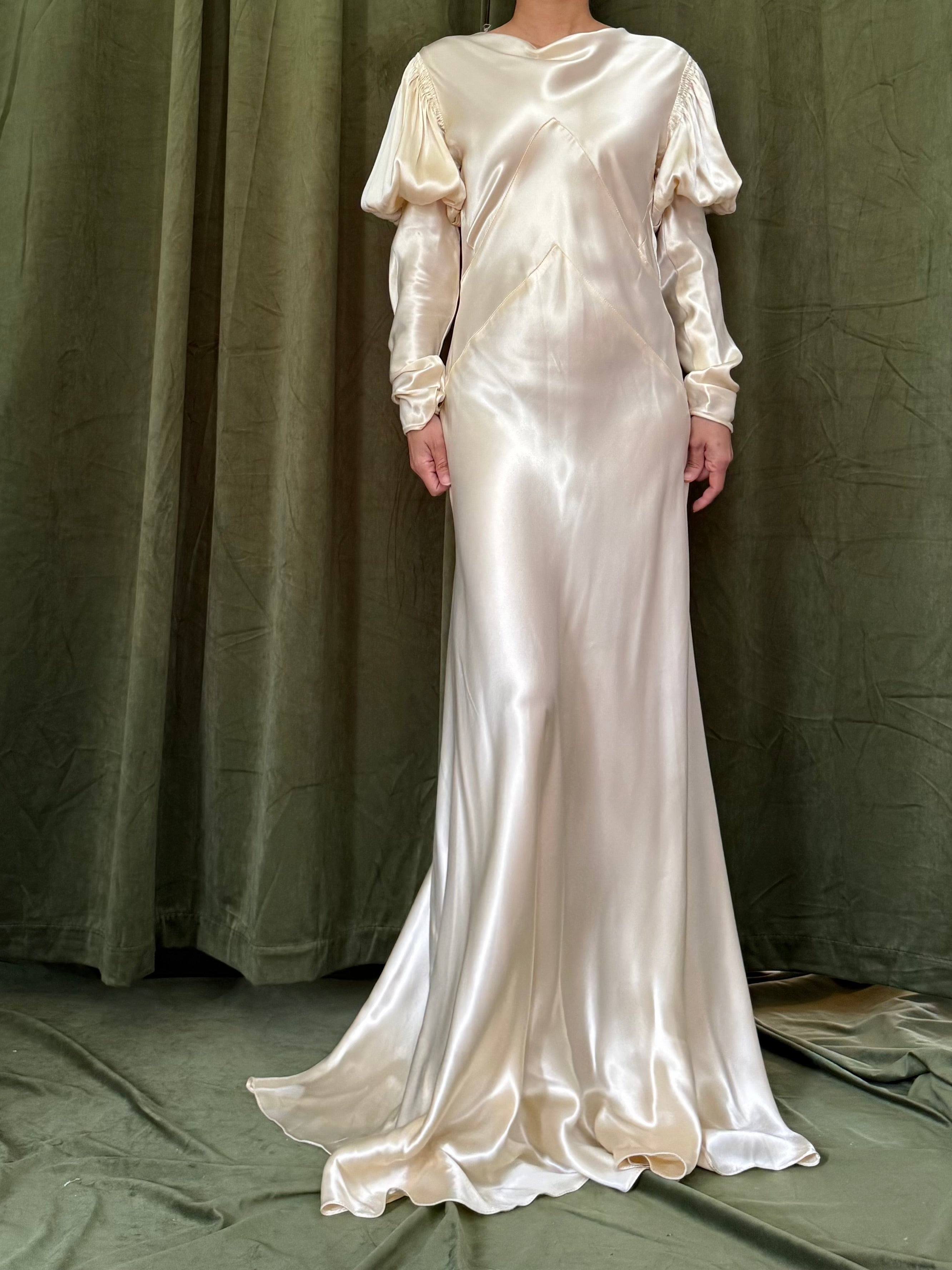 1930s Candelight Satin Puff Sleeve Gown - S