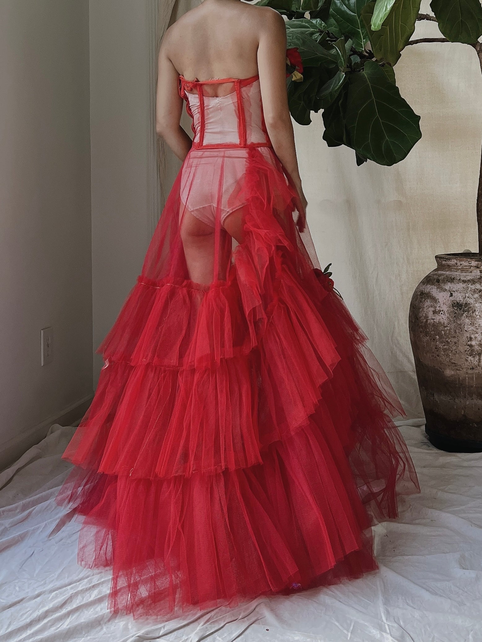 1950s Strapless Red Tiered Tulle Gown - XS