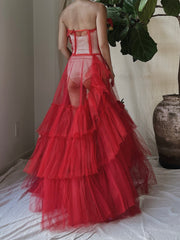 1950s Strapless Red Tiered Tulle Gown - XS