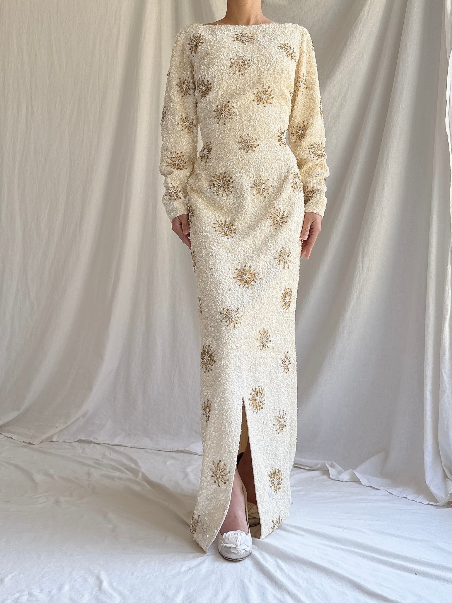 1960s Ivory Beaded Dress - M