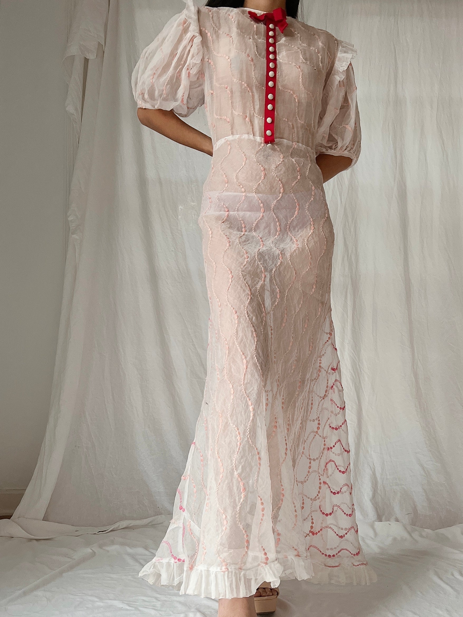 1930s Organdy Embroidered Dress - S