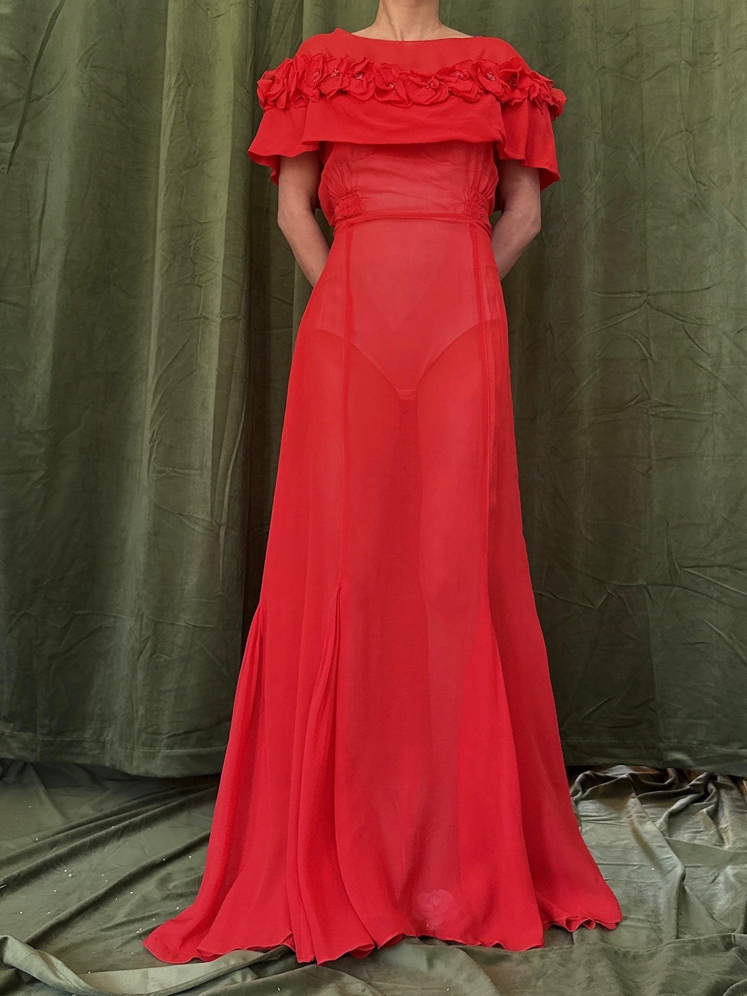 1930s Silk Chiffon Poppy Dress - S