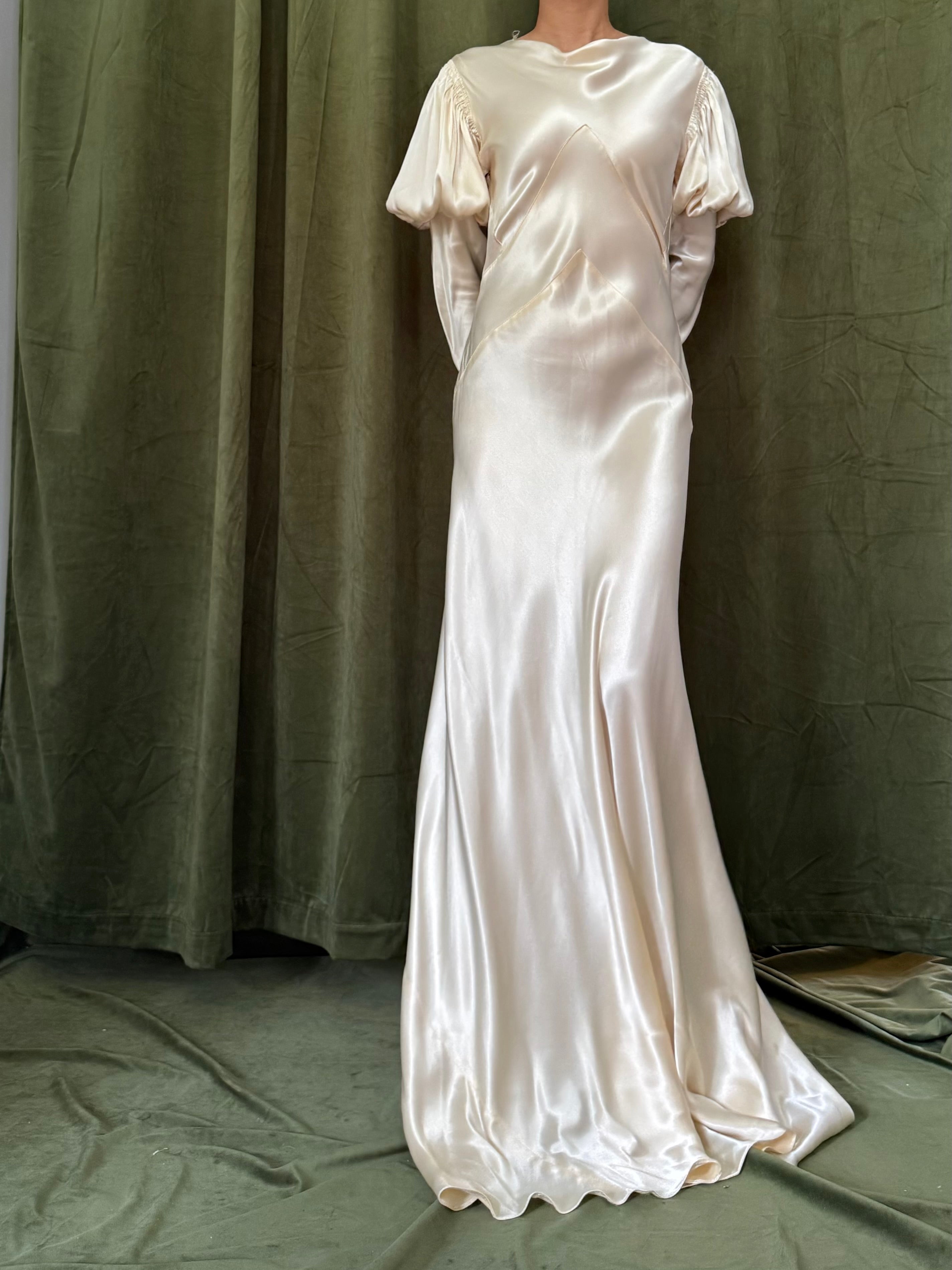 1930s Candelight Satin Puff Sleeve Gown - S