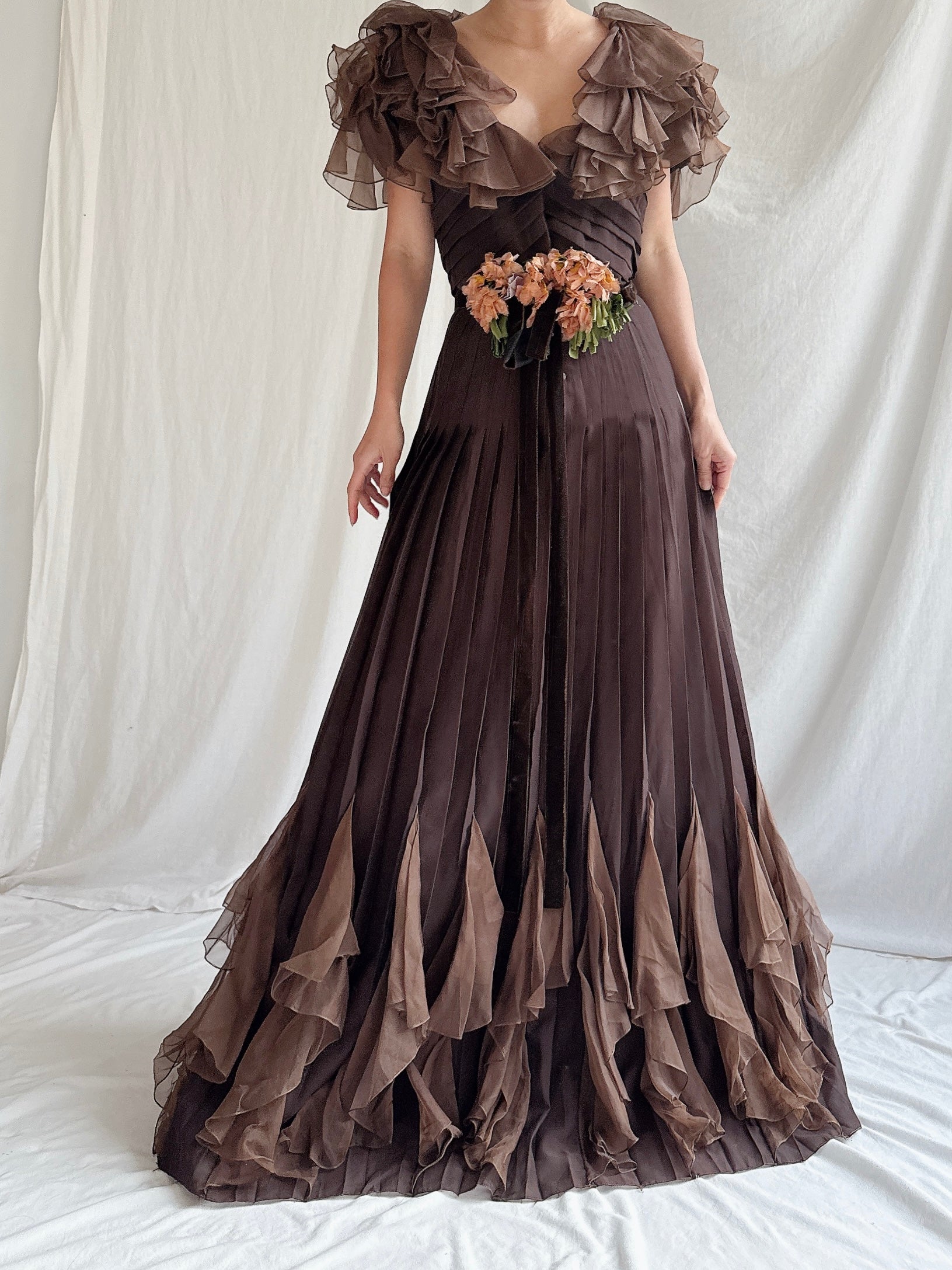 1930s Silk Chiffon and Organza Gown - S