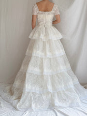 1950s Voile Embroidered Tiered Gown - XS