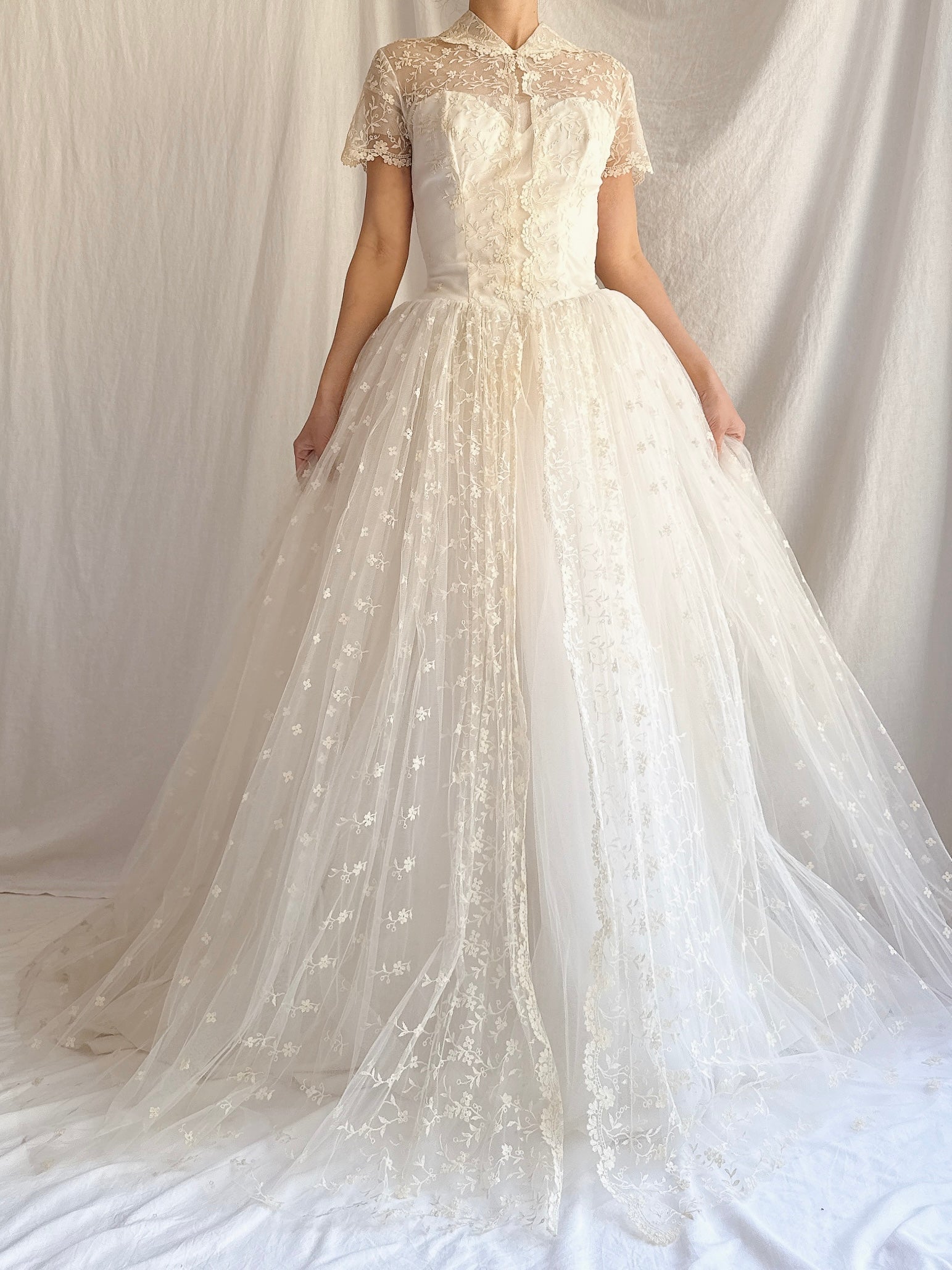 1950s Embroidered Tulle Dress - XS
