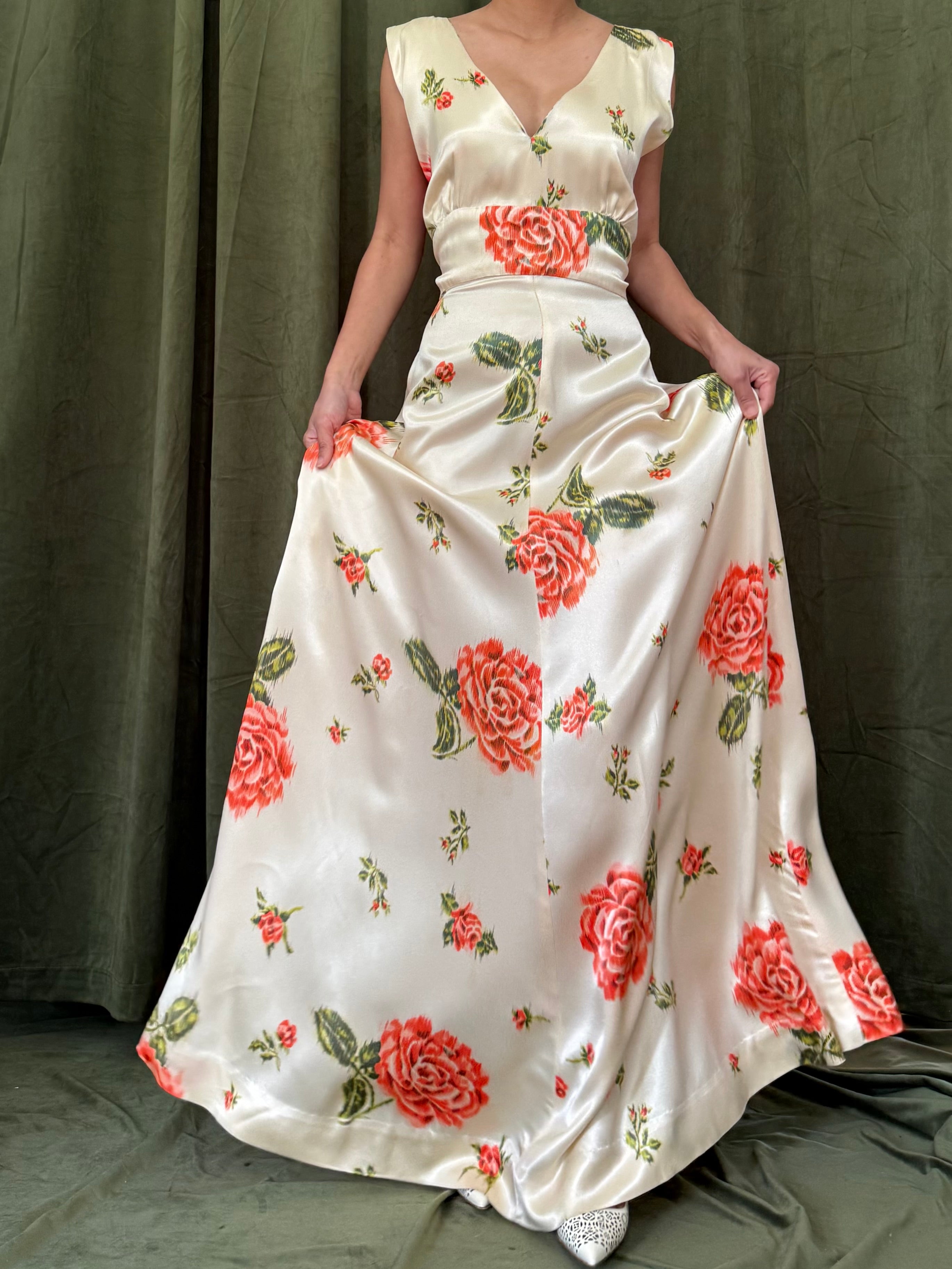 1940s Satin Floral Dress - S/M