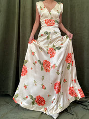 1940s Satin Floral Dress - S/M