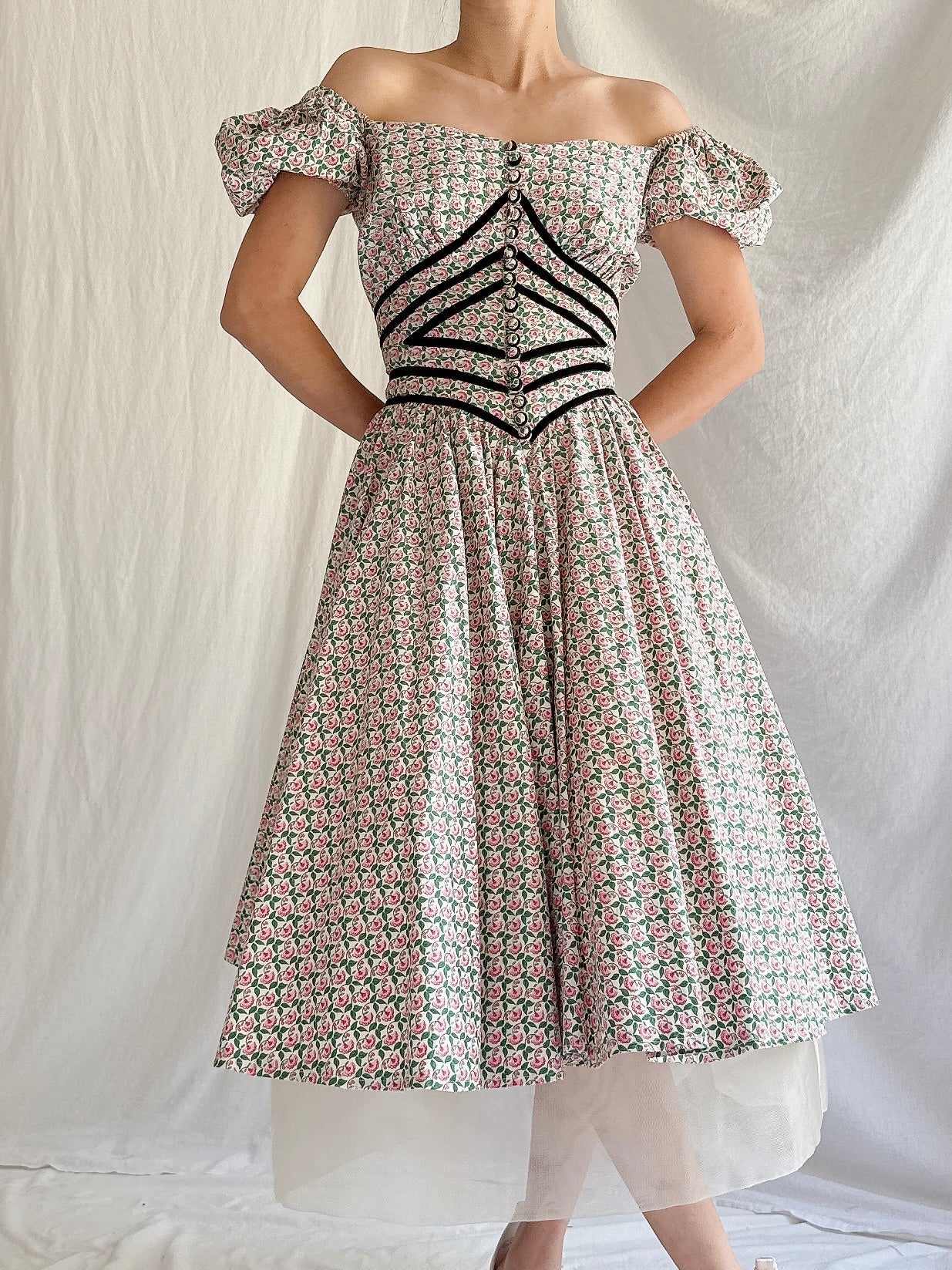 1950s Cotton Puff Sleeves Dress - XS