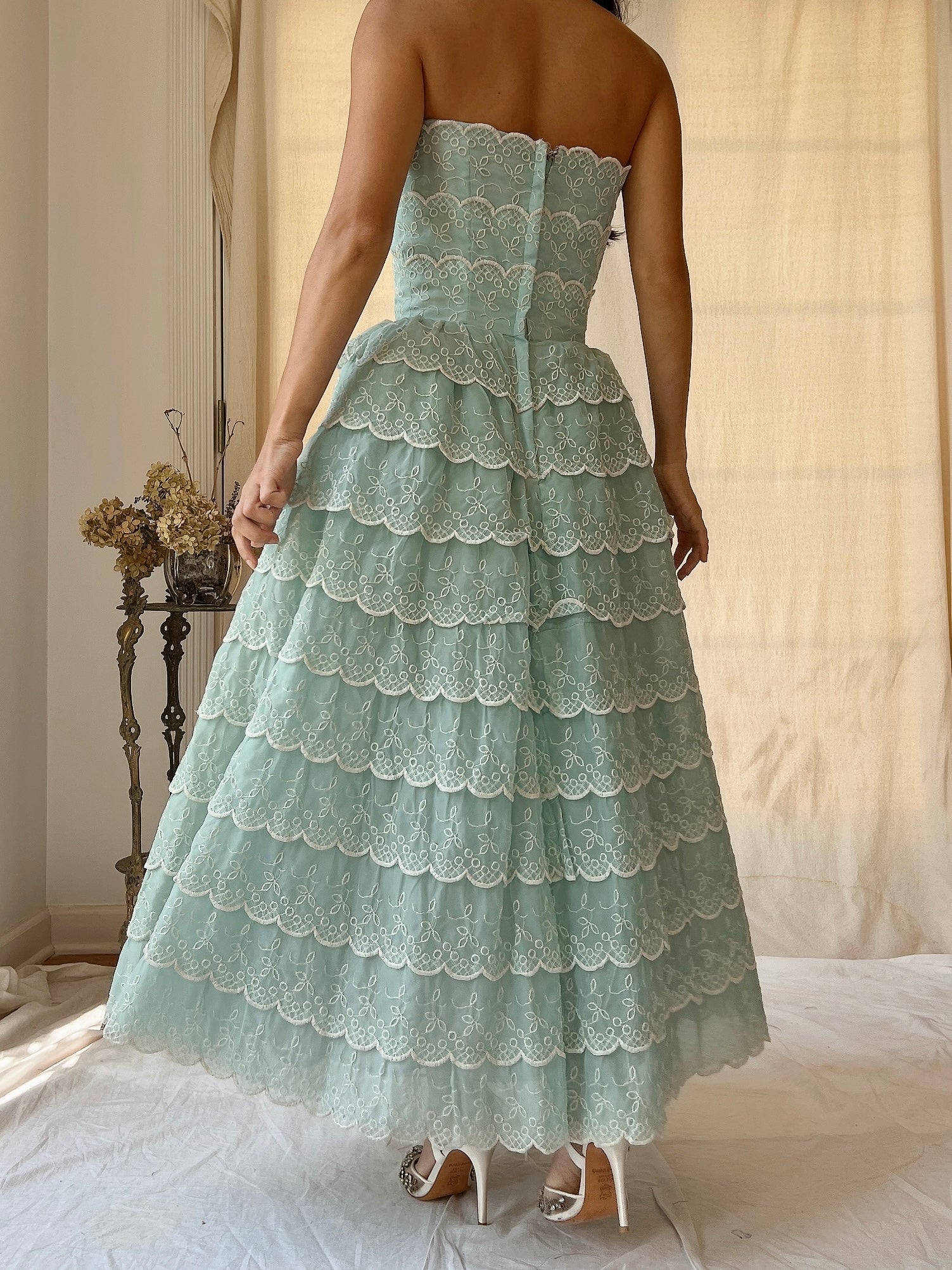 1950s Scalloped Voile Embroidered Dress - XS
