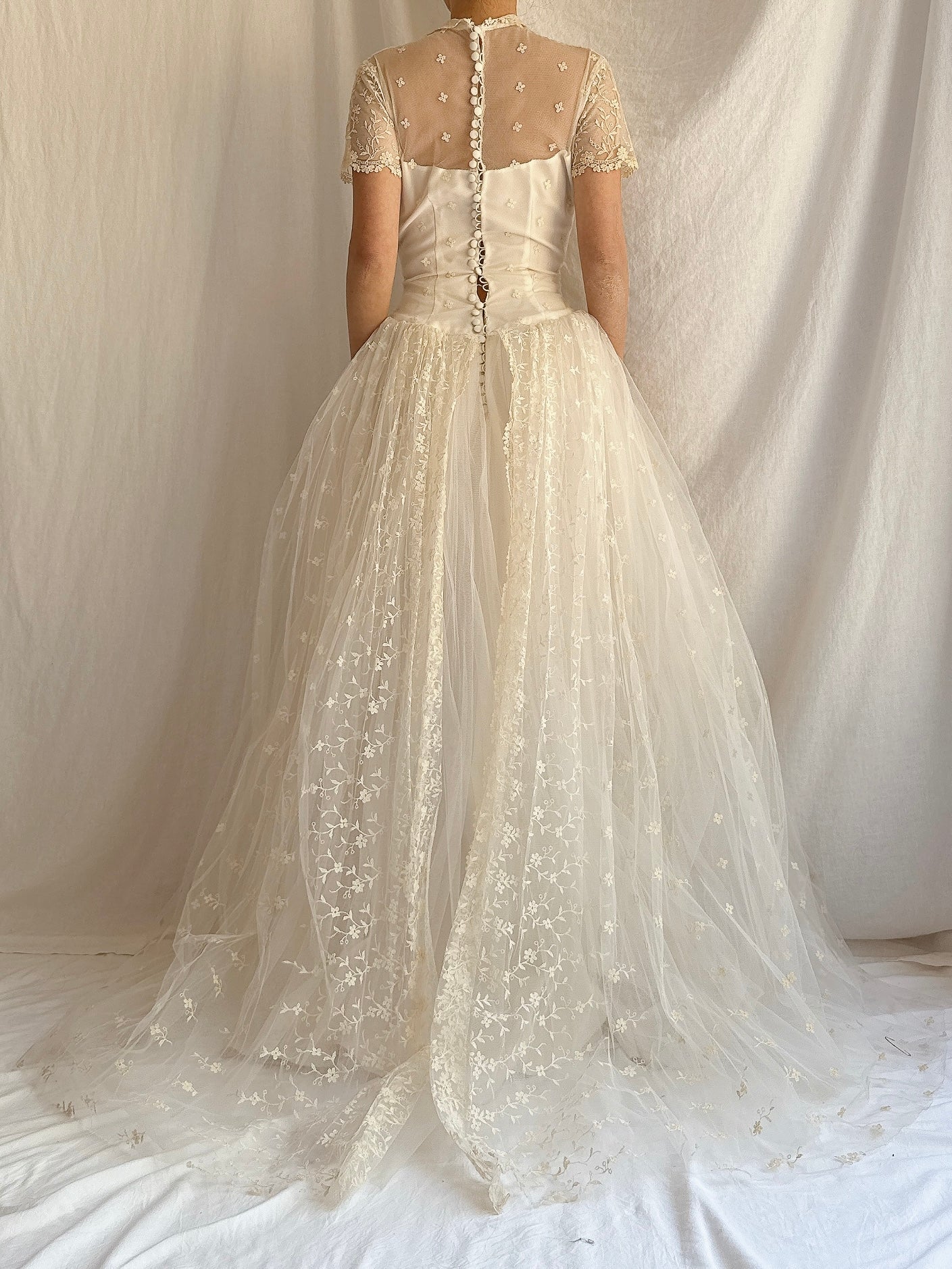 1950s Embroidered Tulle Dress - XS