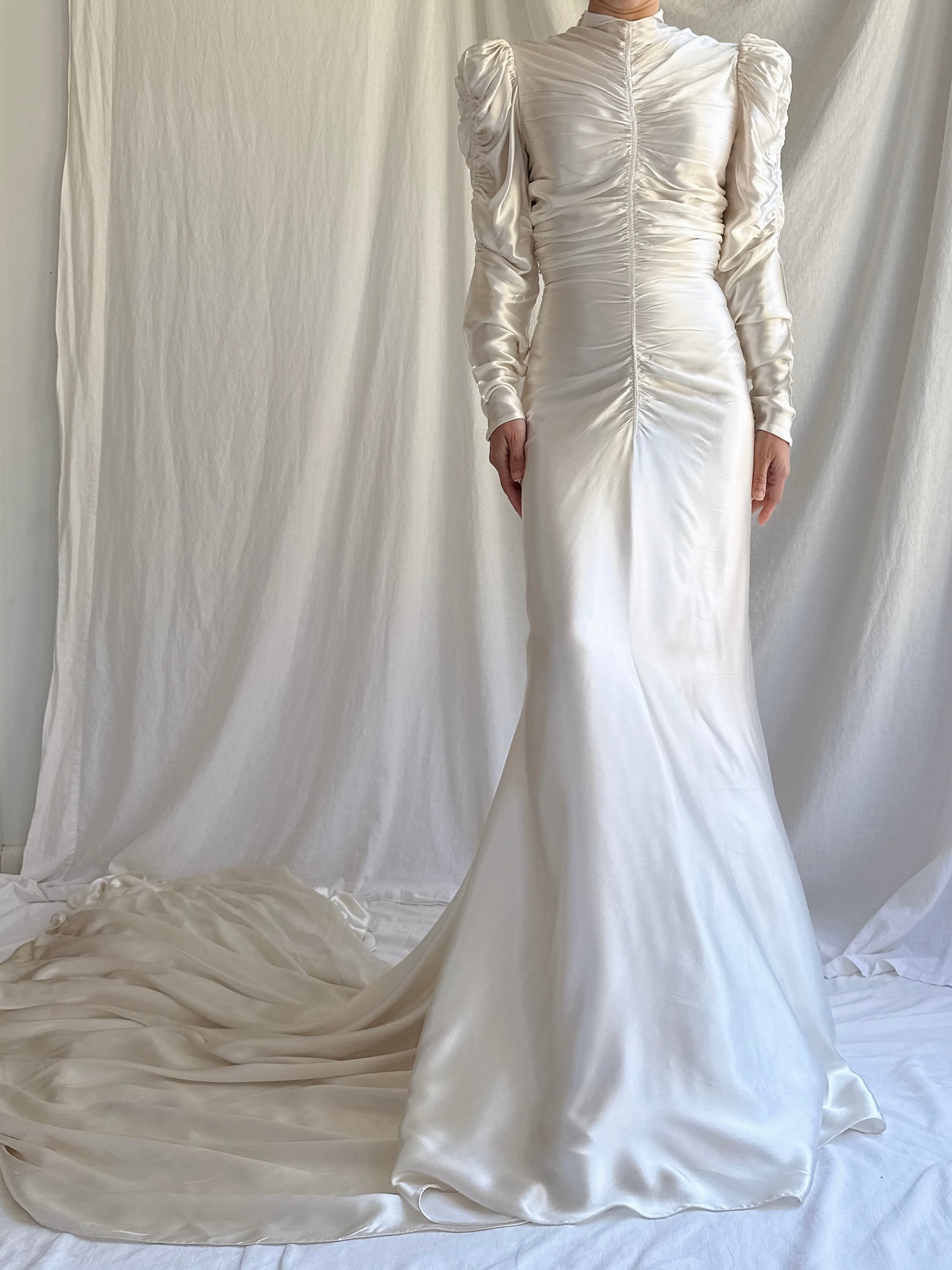 1930s Ruche Long Sleeve Satin Gown - S