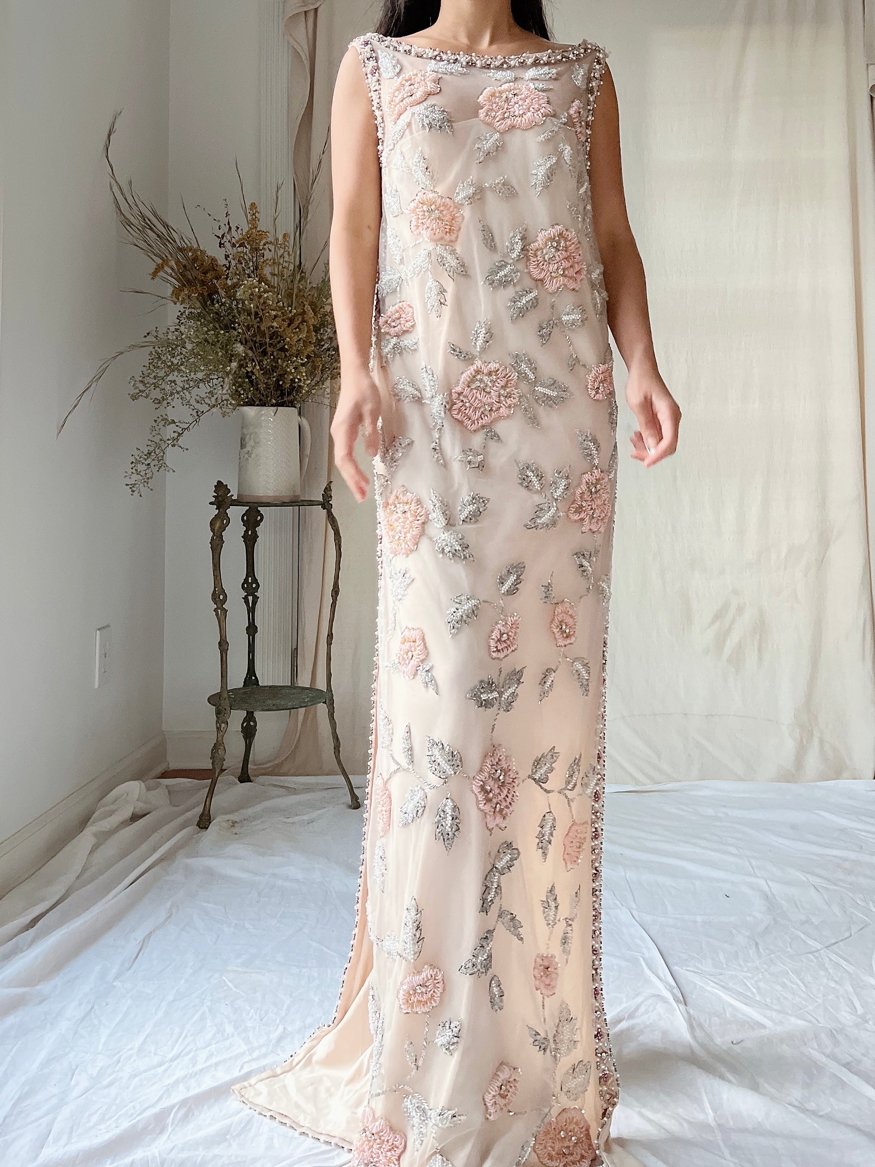 1960s Hand Beaded Tulle Dress - S/M