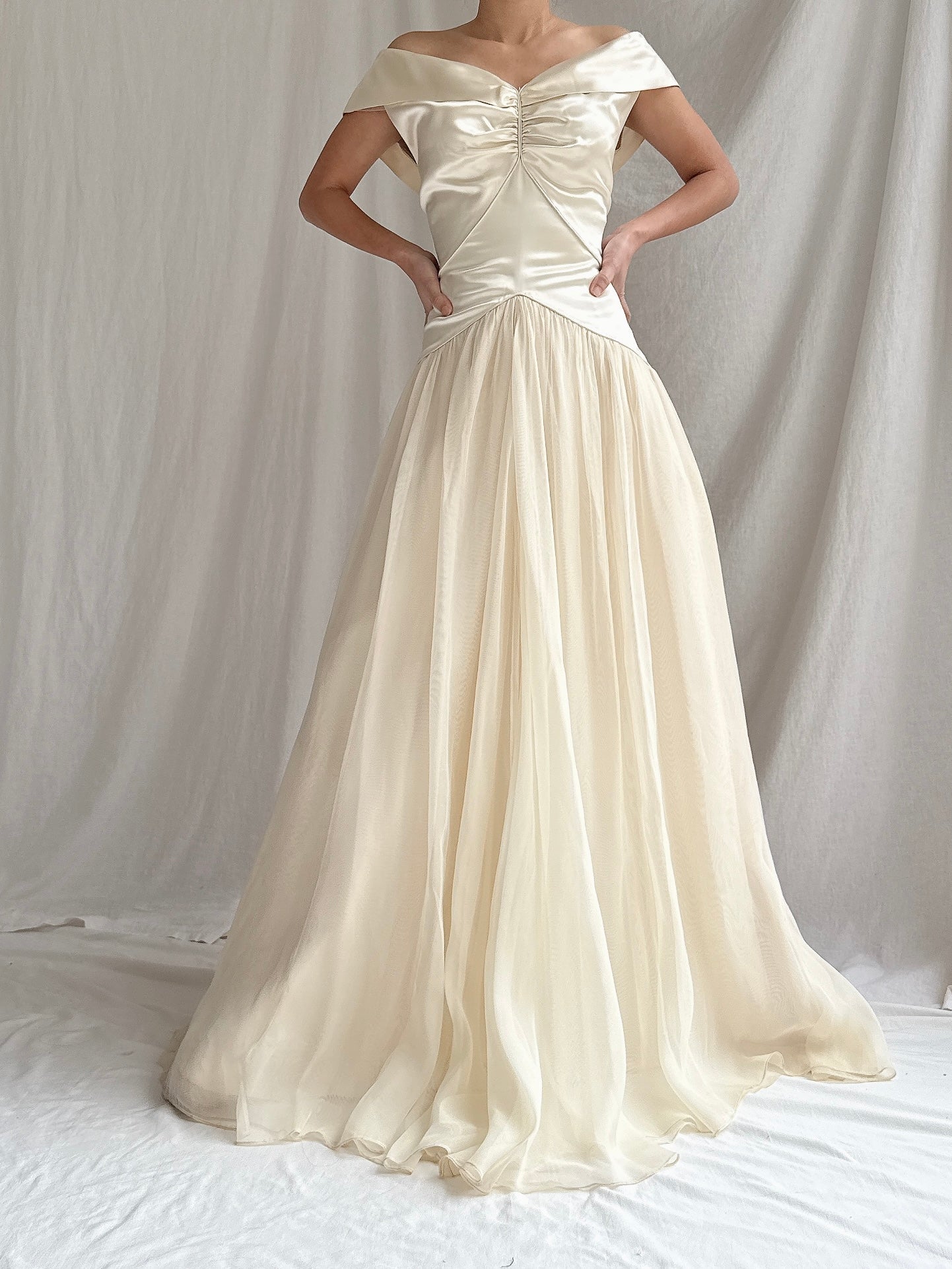 1940s Satin and Net Chiffon Dress - S