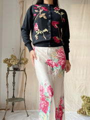 1950s Embroidered Rose Cardigan - XS/S