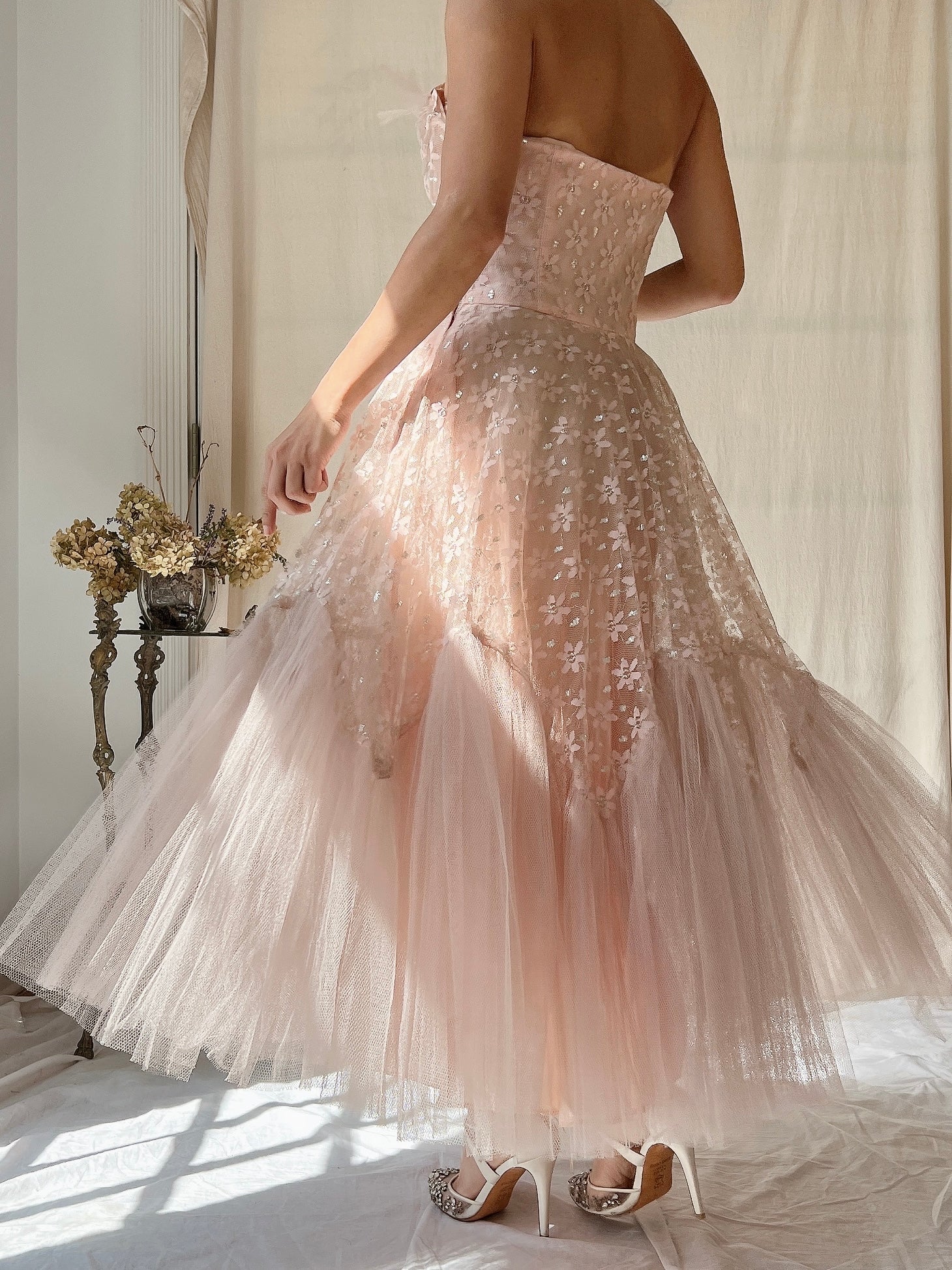 1950s Dusty Pink Tulle and Lace Dress - XS