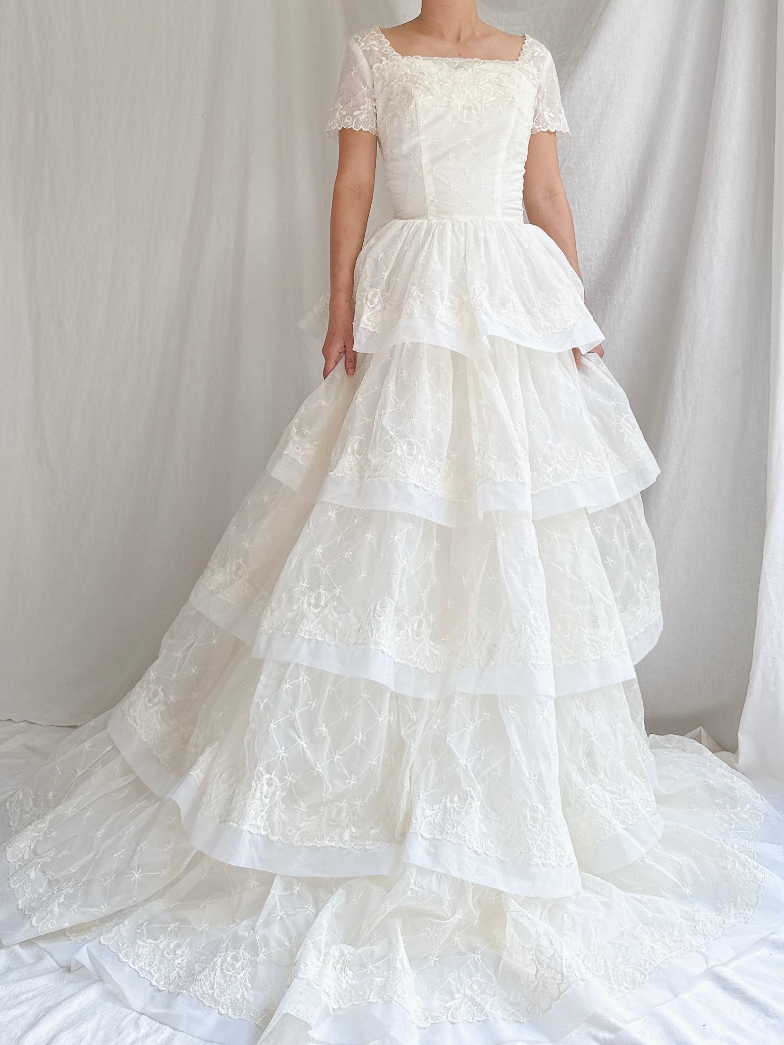 1950s Voile Embroidered Tiered Gown - XS
