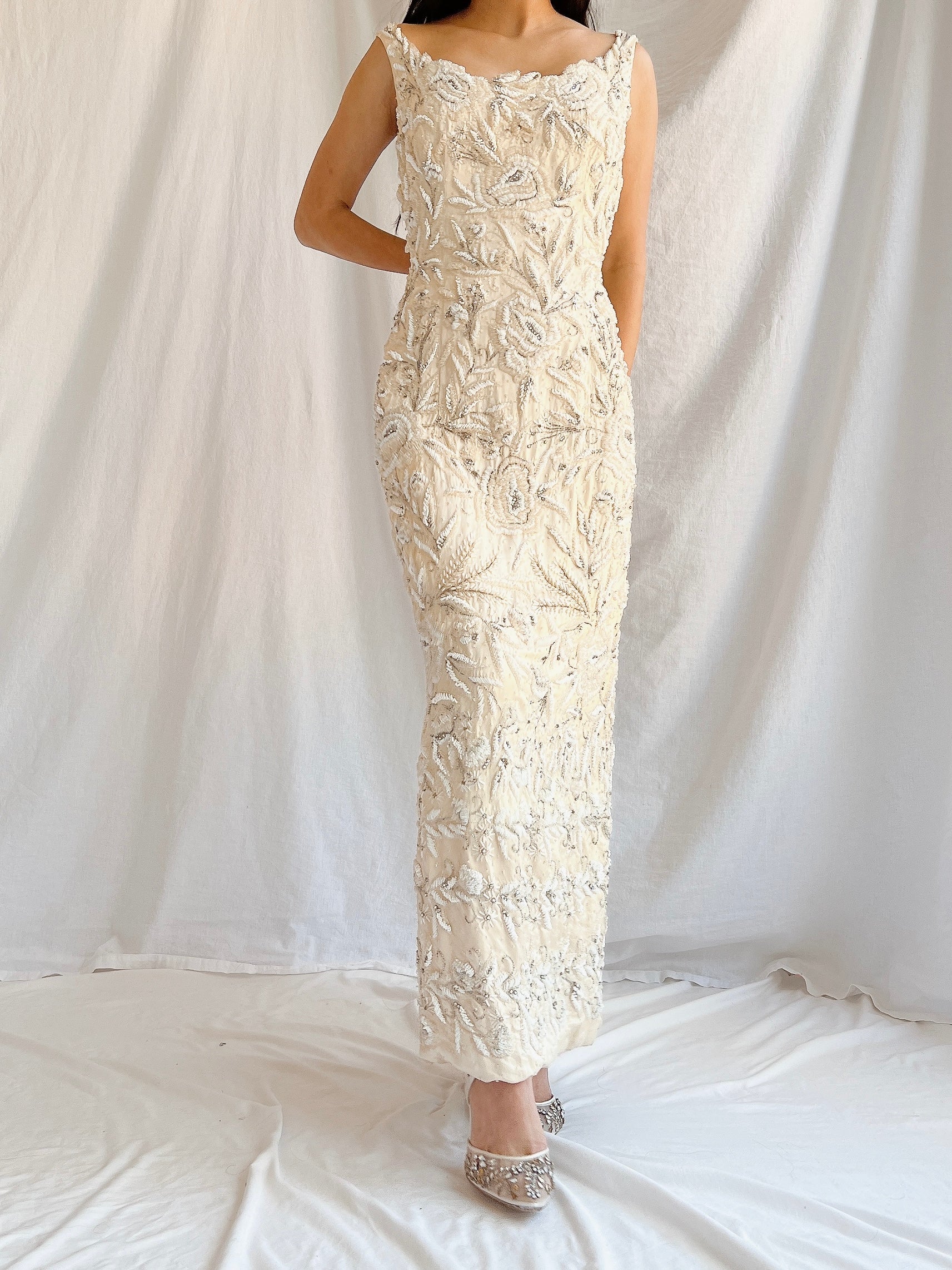 1960s Hand Beaded Ivory Dress - S/M