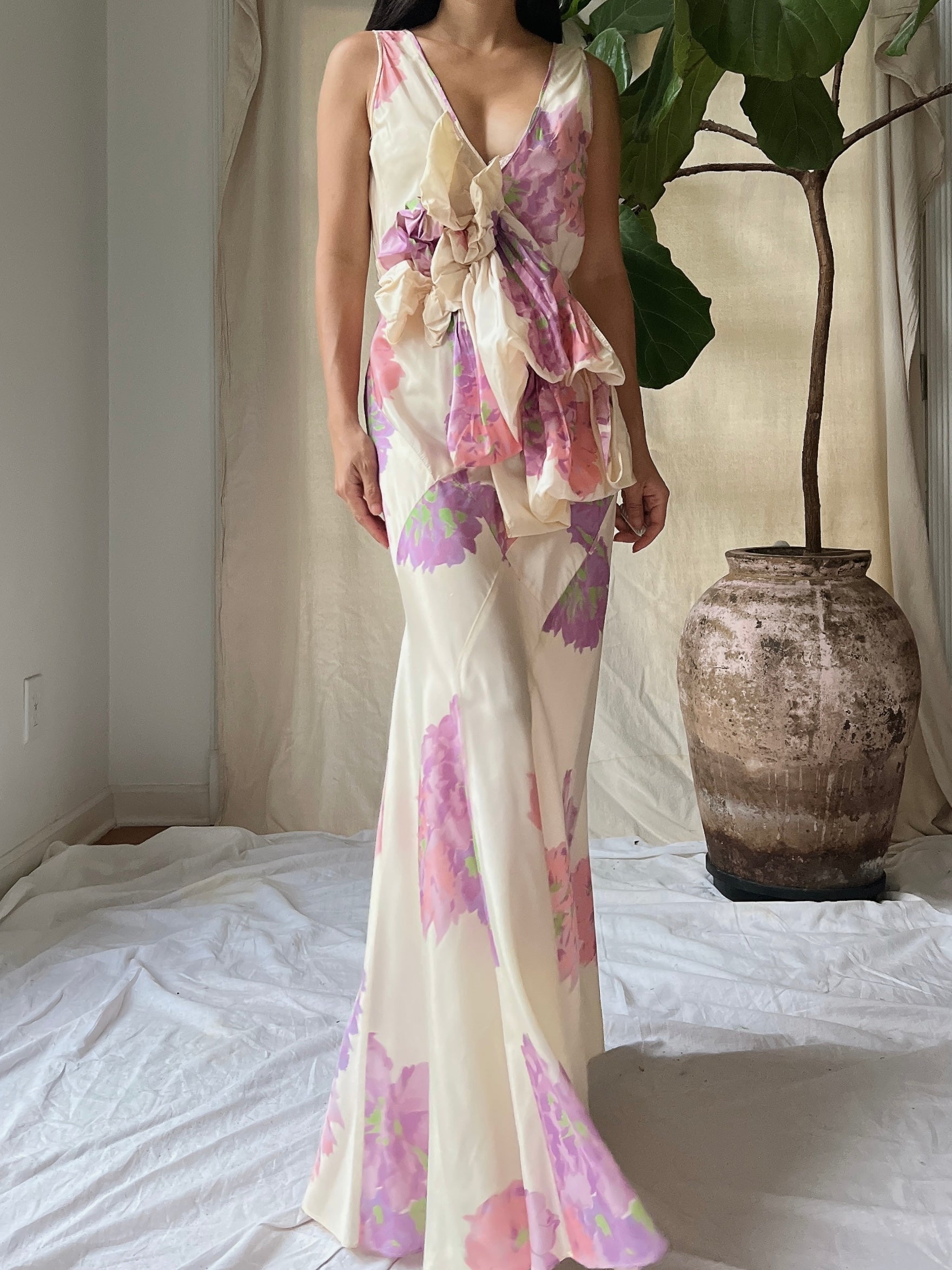 1930s Floral Taffeta Dress - S