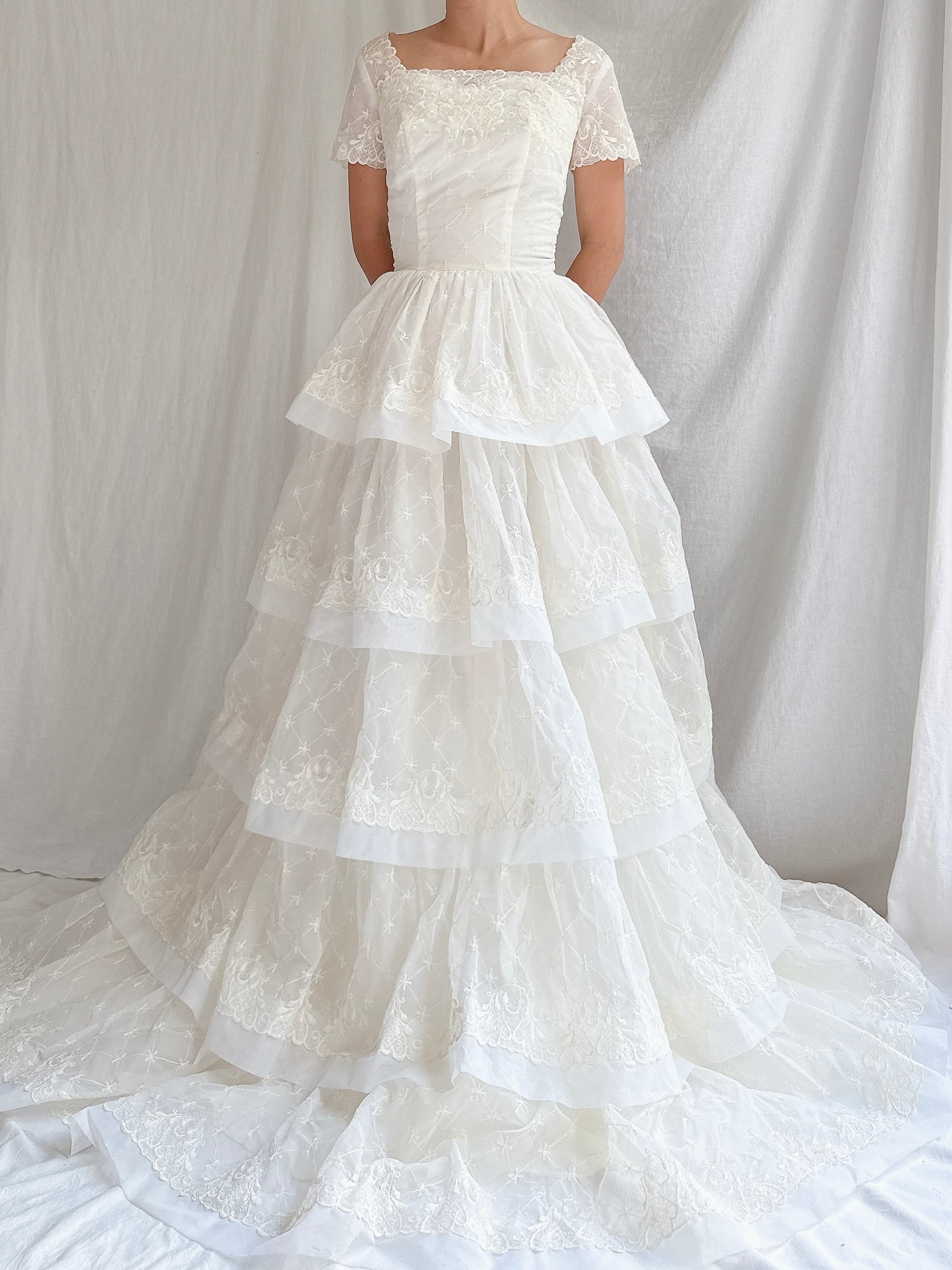 1950s Voile Embroidered Tiered Gown - XS