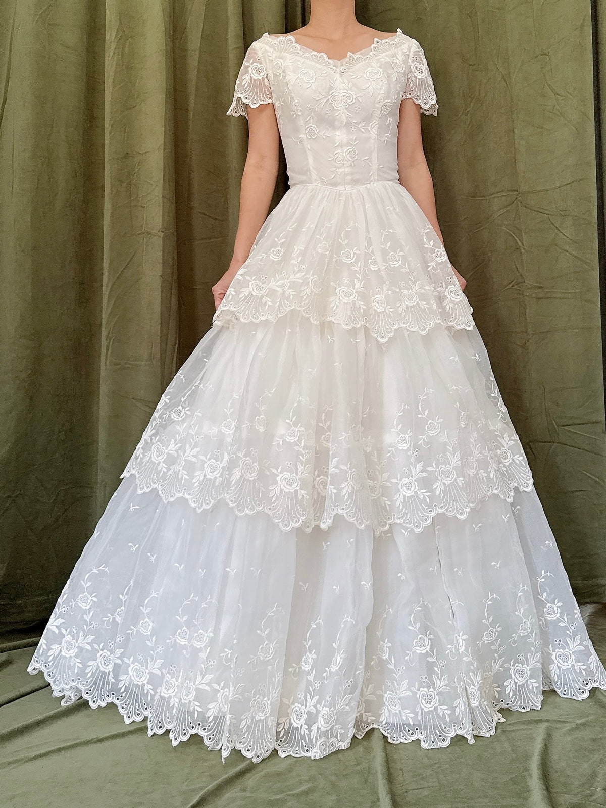 1950s Tiered Embroidered Gown - XS