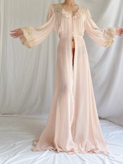 1940s Peach Chiffon Poet Sleeves Dressing Gown - S