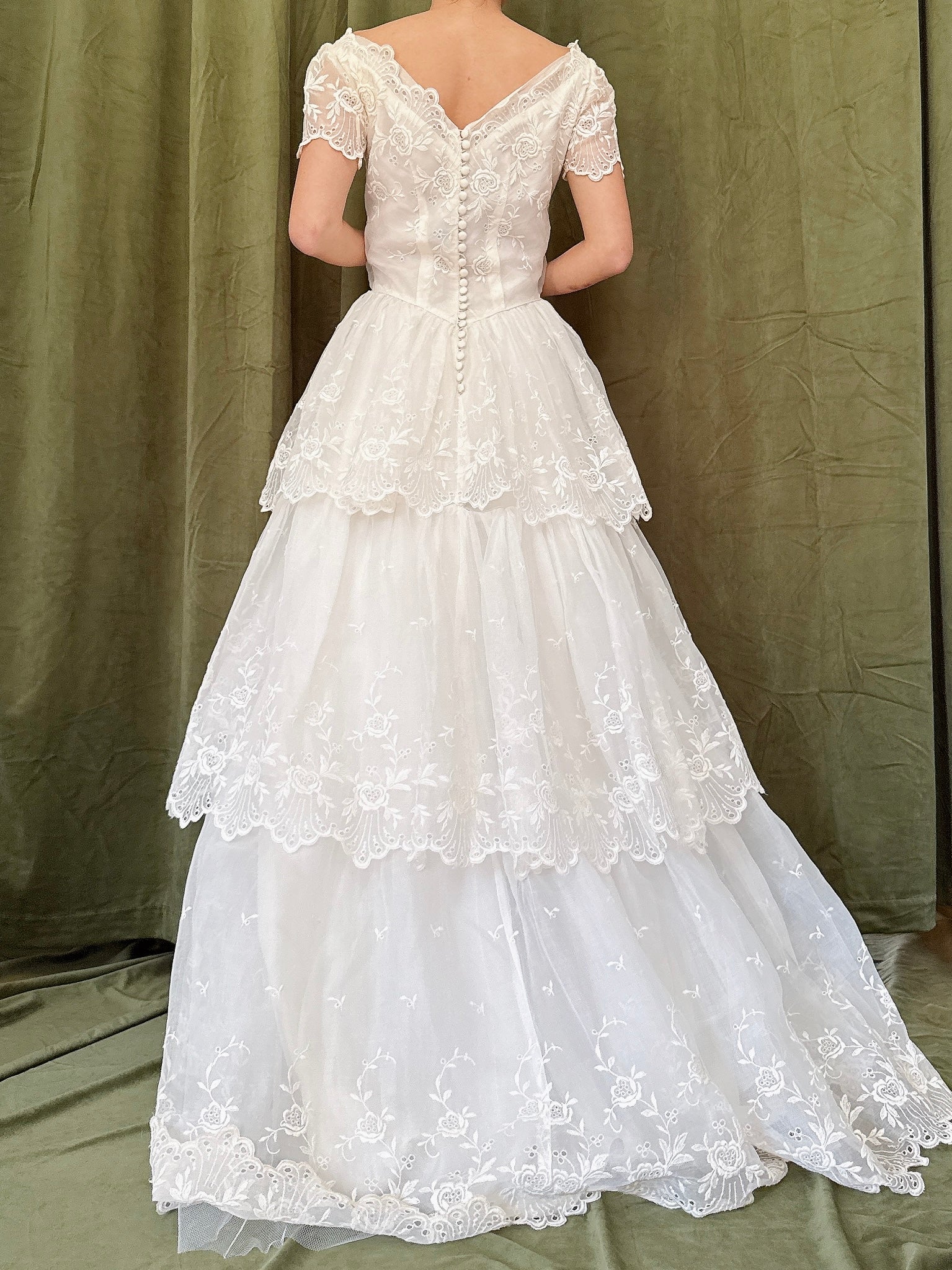 1950s Tiered Embroidered Gown - XS