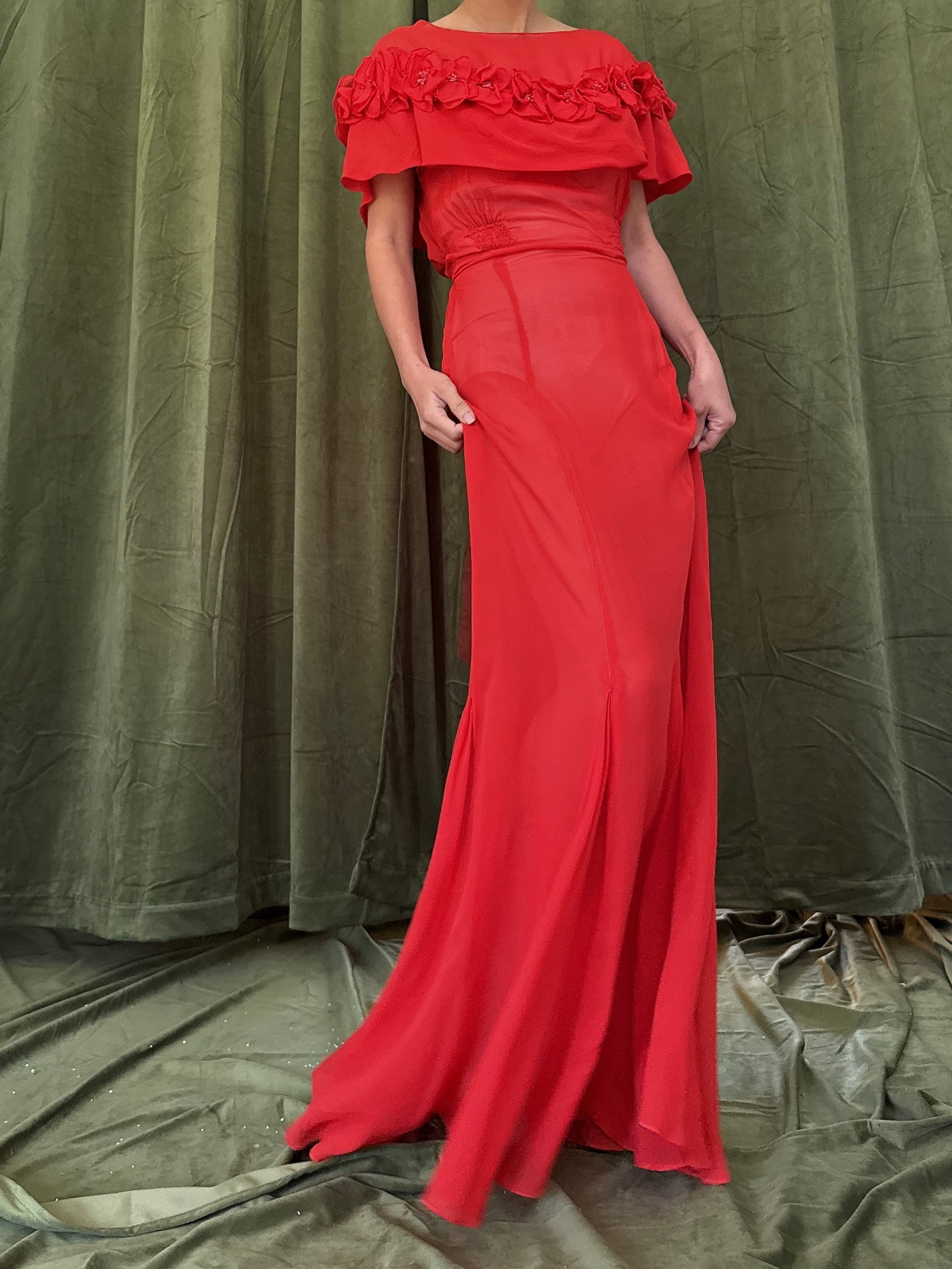 1930s Silk Chiffon Poppy Dress - S
