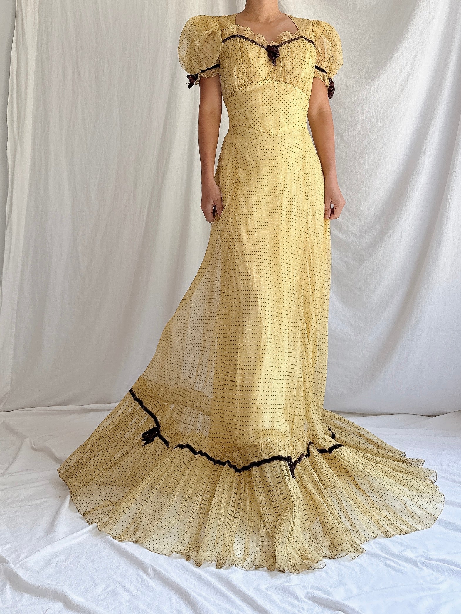 1930s/40s Organdy Flocked Gown - S