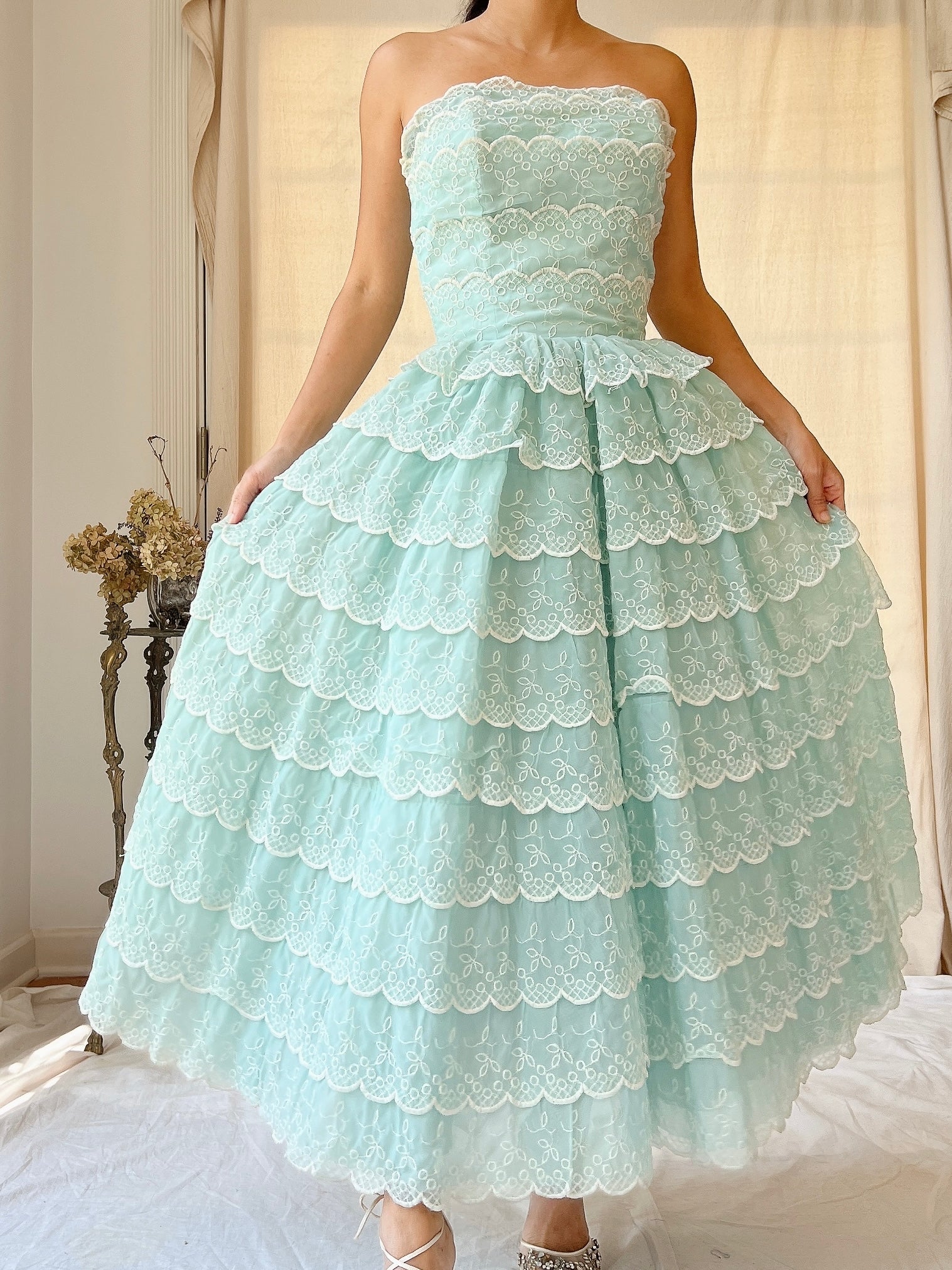 1950s Scalloped Voile Embroidered Dress - XS