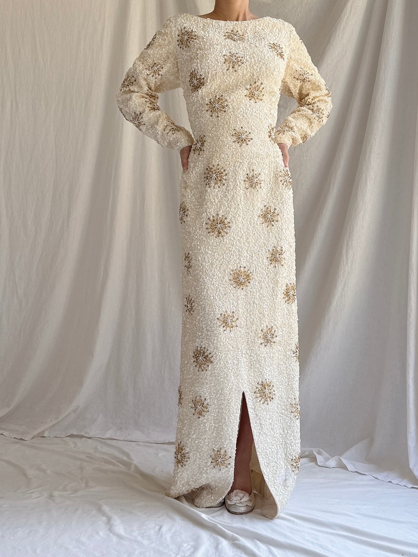 1960s Ivory Beaded Dress - M