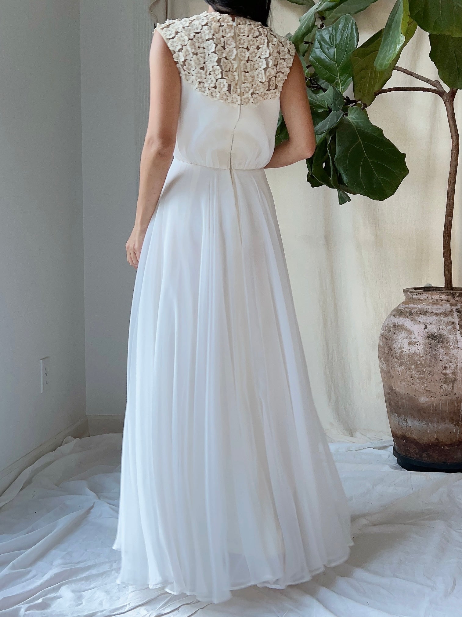 1960s Flower Applique Chiffon Dress - S