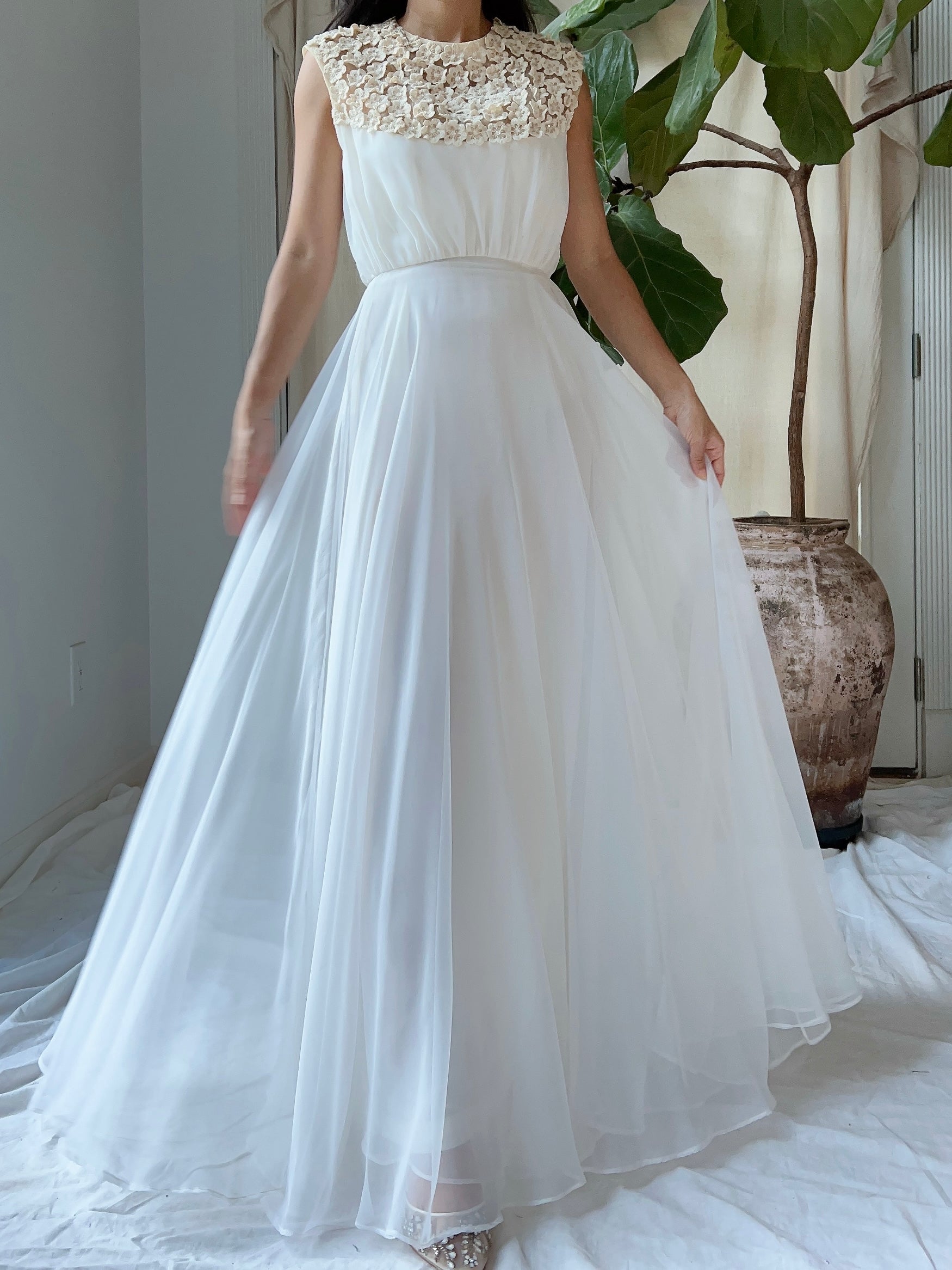 1960s Flower Applique Chiffon Dress - S