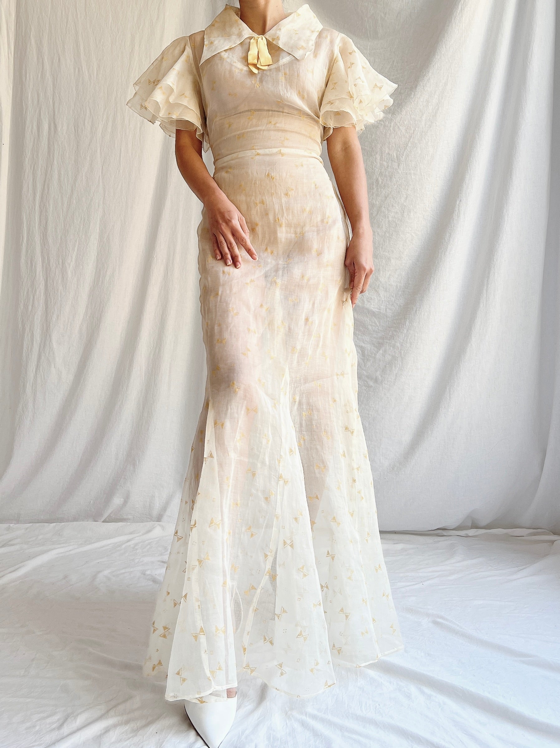 1930s Light Yellow Organdy Gown - XS